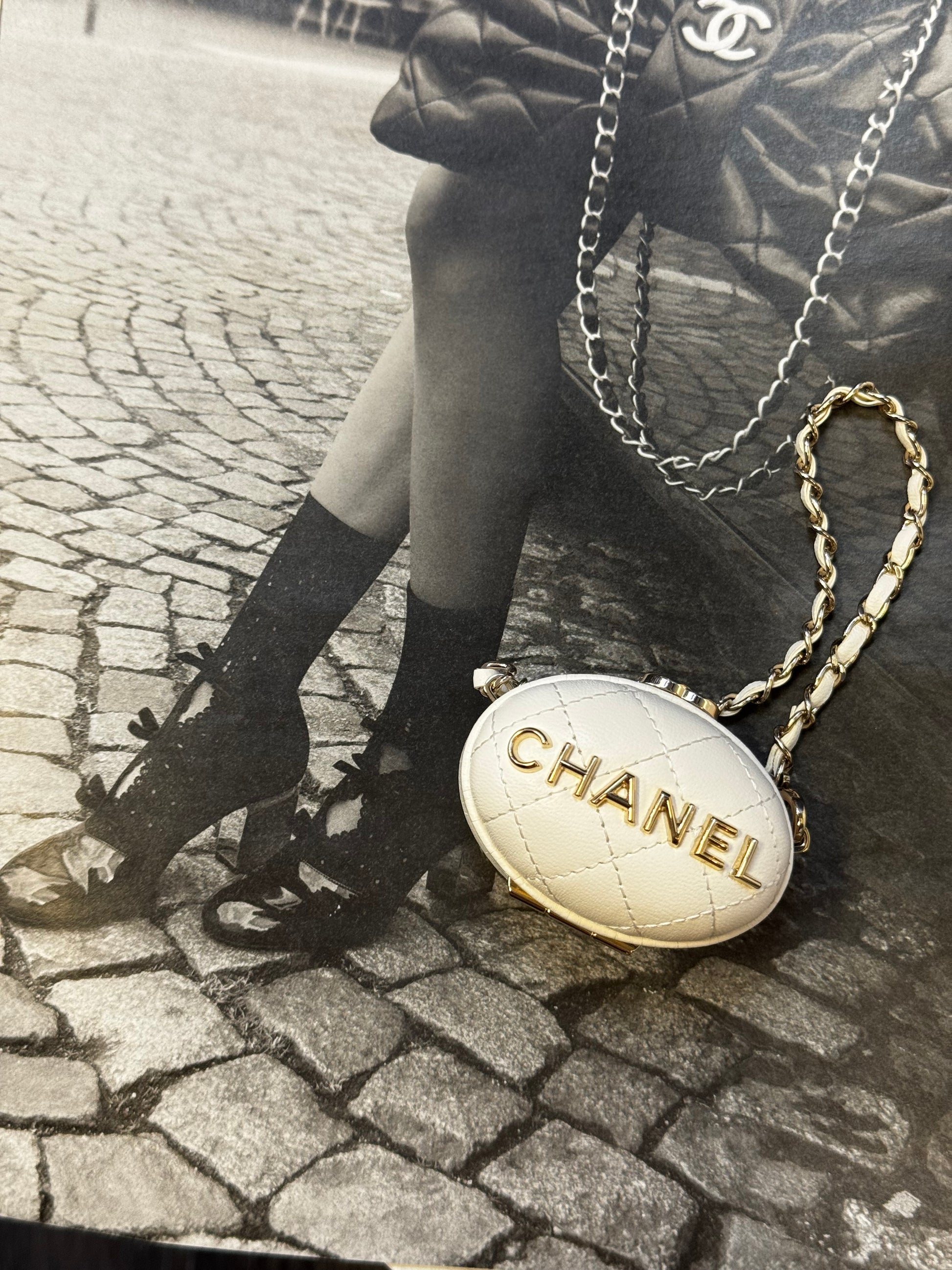 Chanel Oval Minaudière Clutch with Chain, White Quilted Lambskin, Gold Hardware