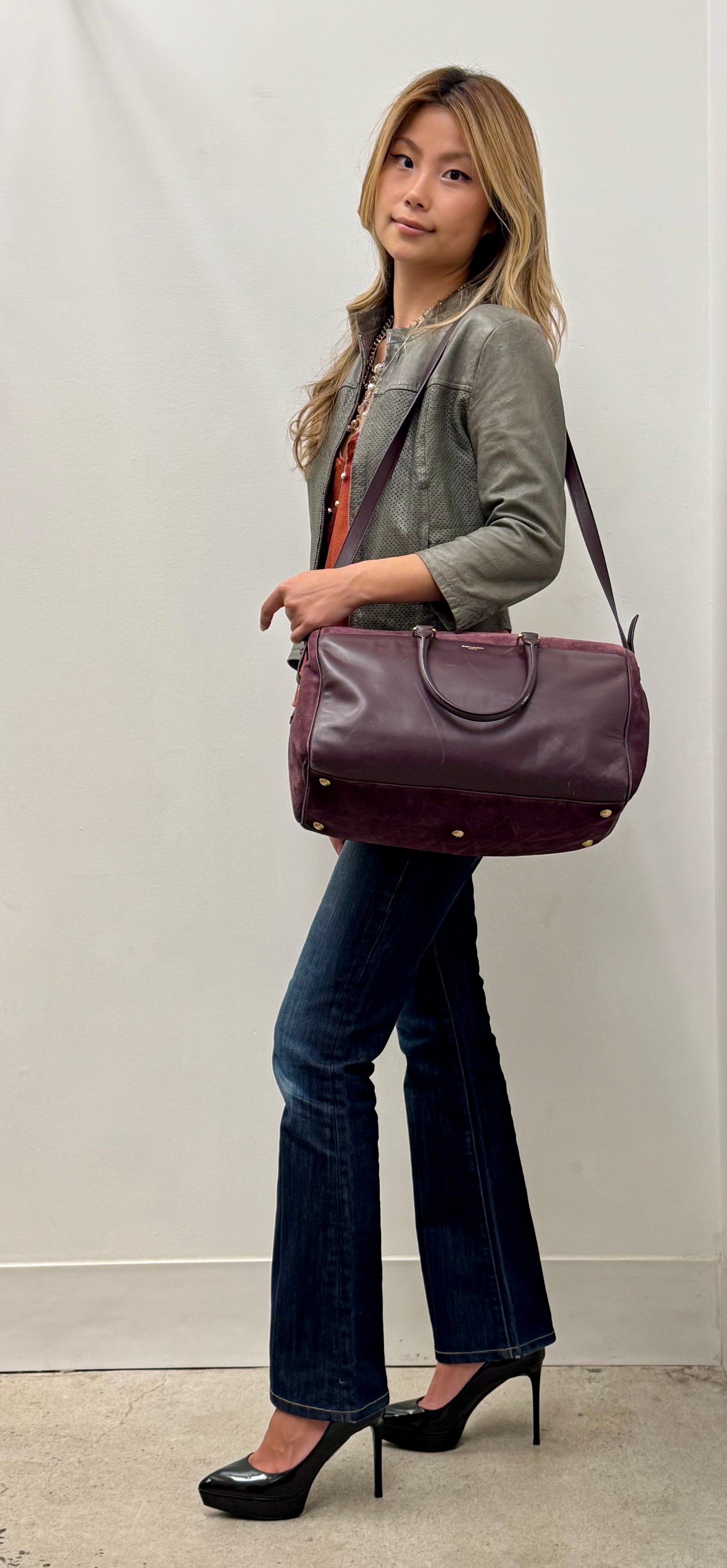 Yves Saint Laurent Classic Duffle 12 in Burgundy Suede and Leather with Strap