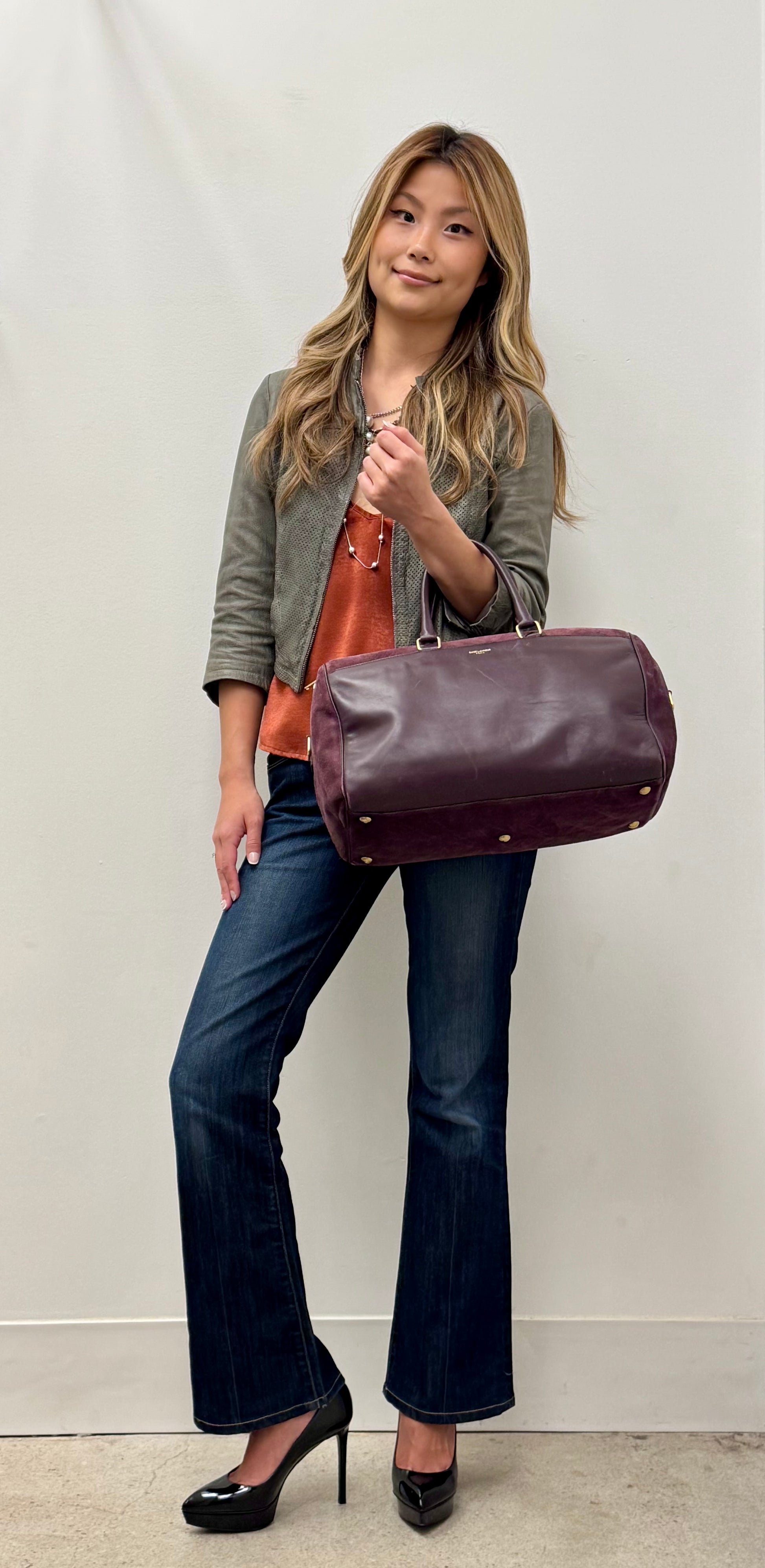 Yves Saint Laurent Classic Duffle 12 in Burgundy Suede and Leather with Strap