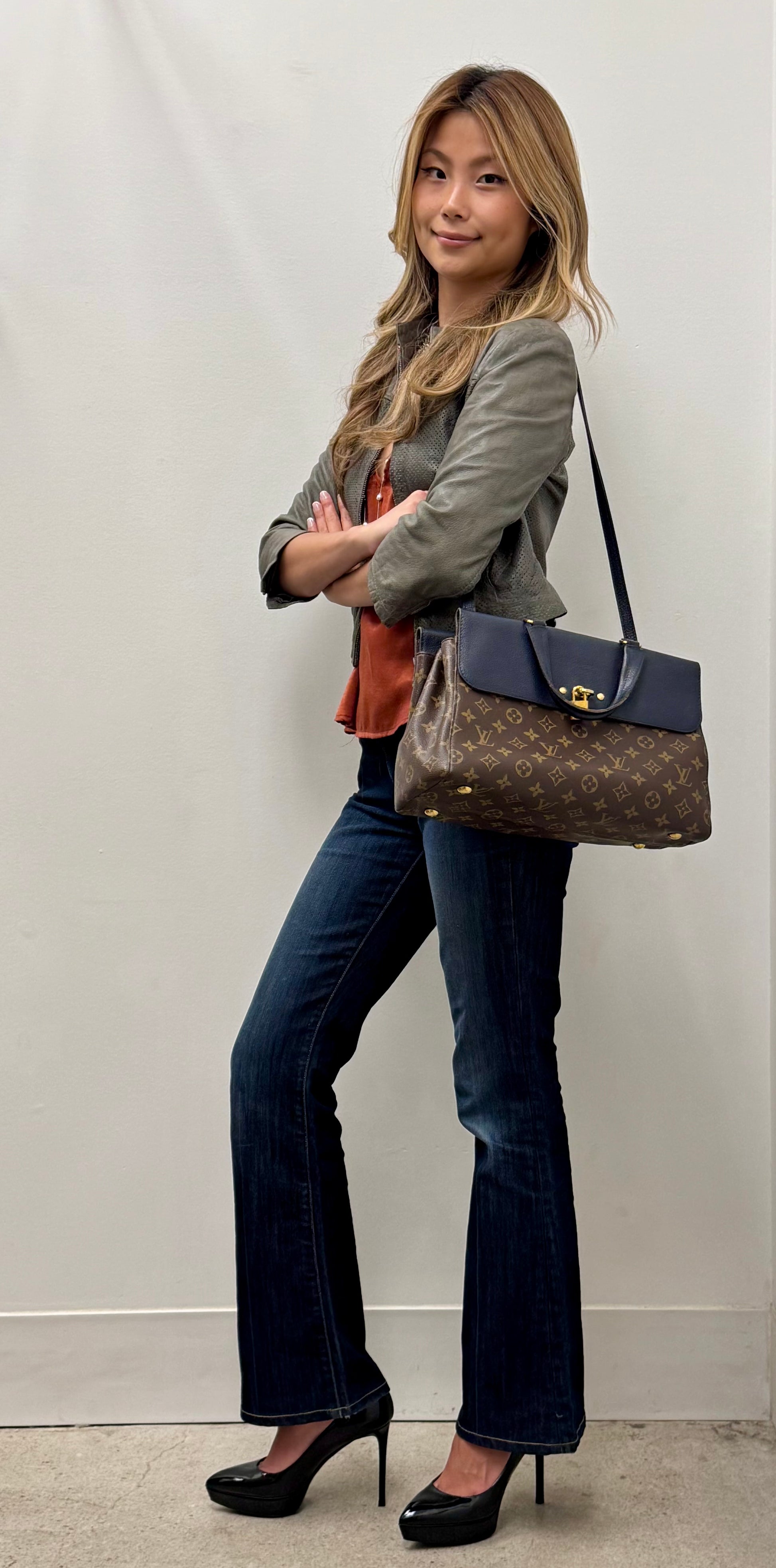 Louis Vuitton Monogram Canvas Top Handle Satchel with Navy Leather Flap and Padlock