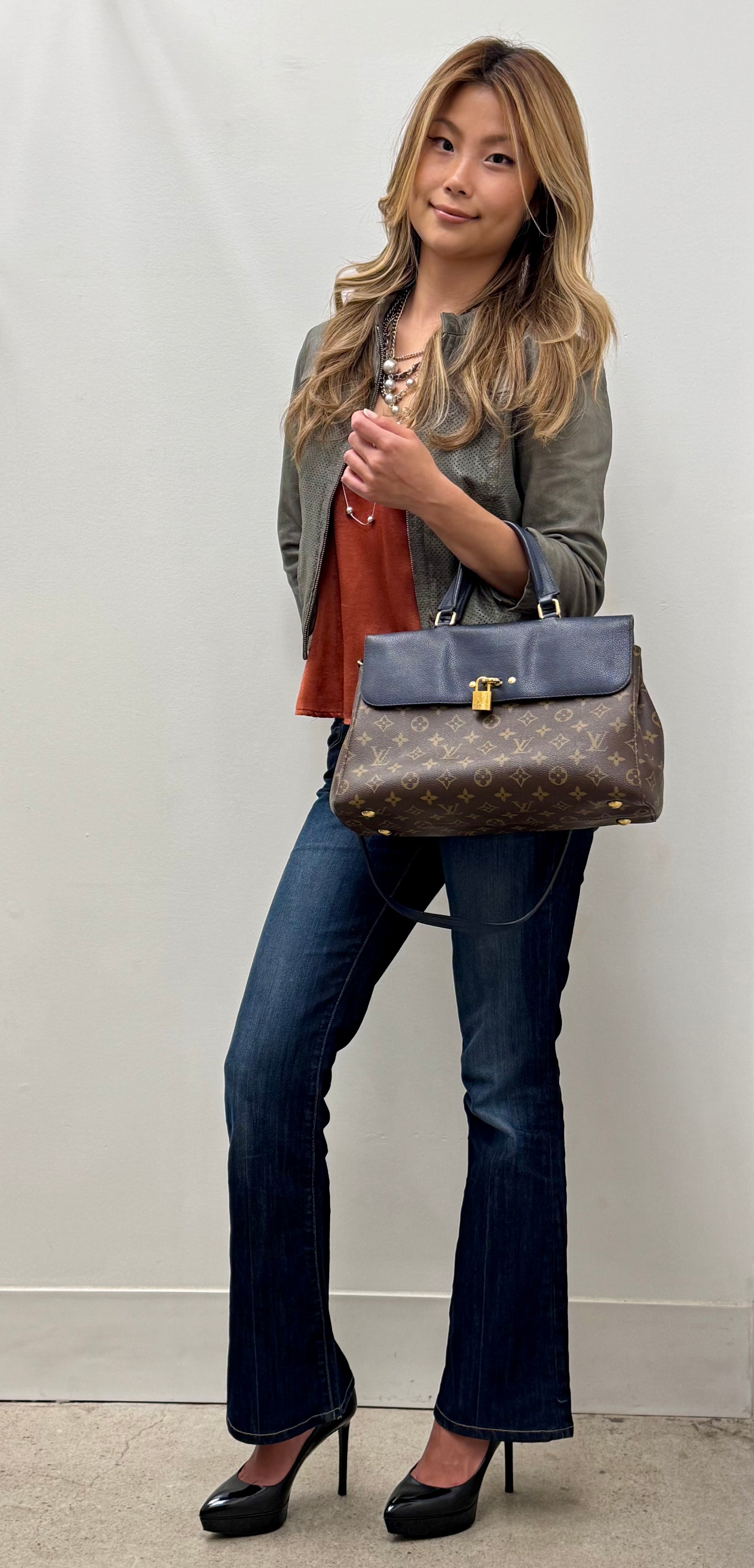 Louis Vuitton Monogram Canvas Top Handle Satchel with Navy Leather Flap and Padlock