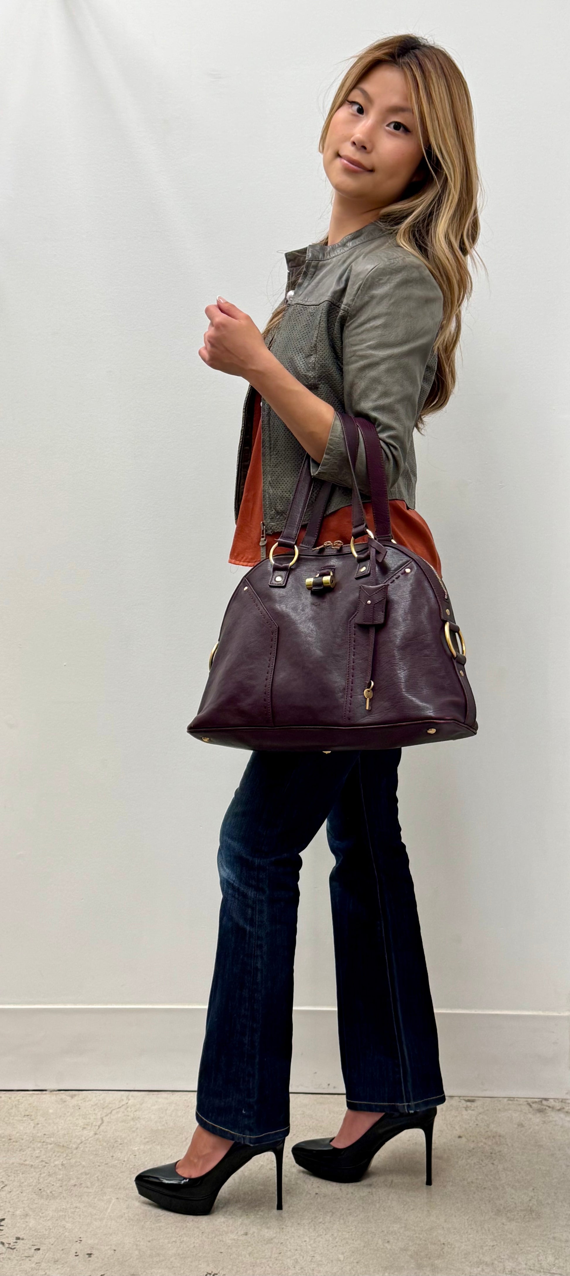 Yves Saint Laurent Muse Large in Burgundy Leather with Gold Tone Hardware