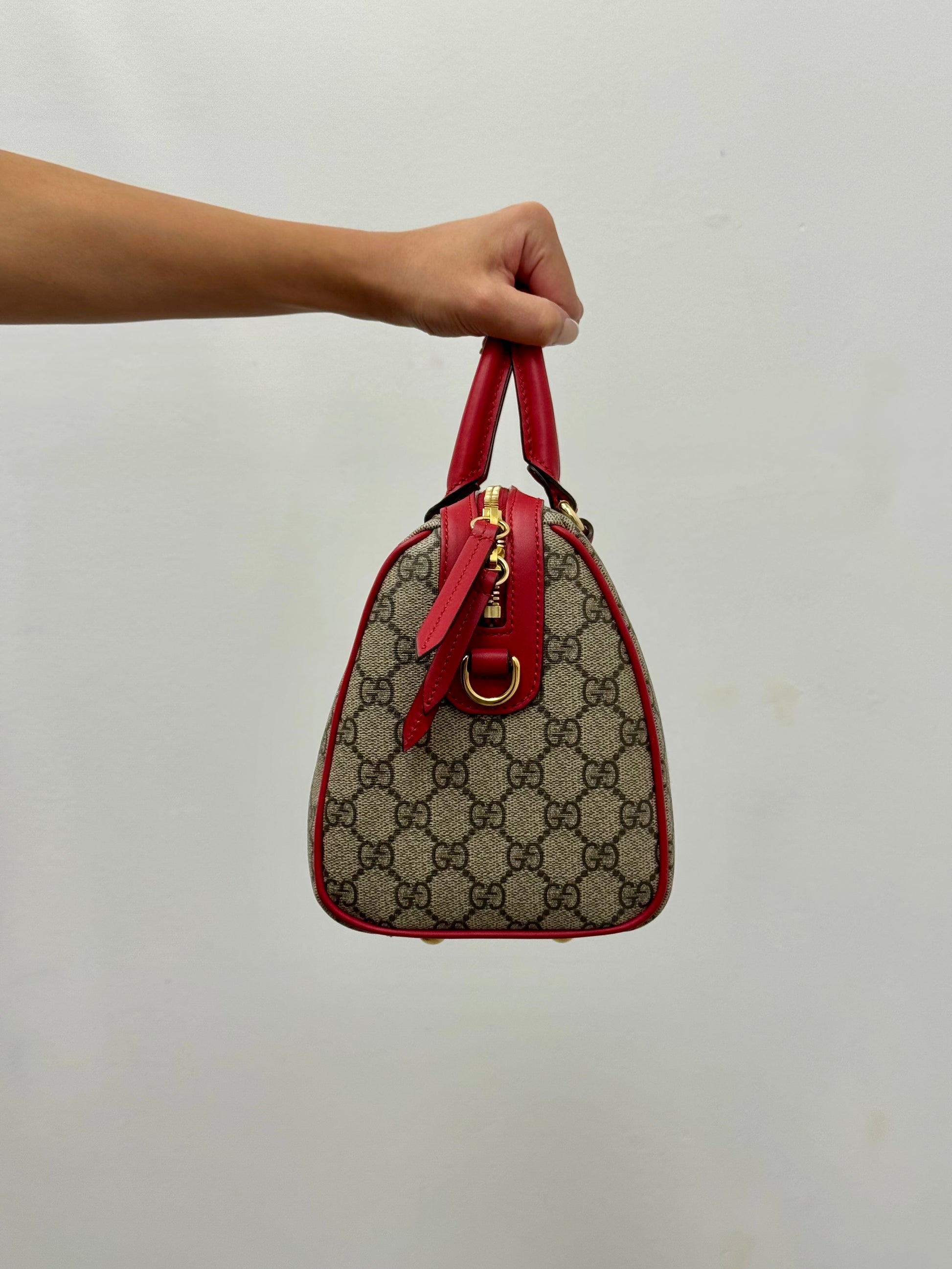 Gucci GG Supreme Kingsnake Heart Small Boston Bag with red leather trim
