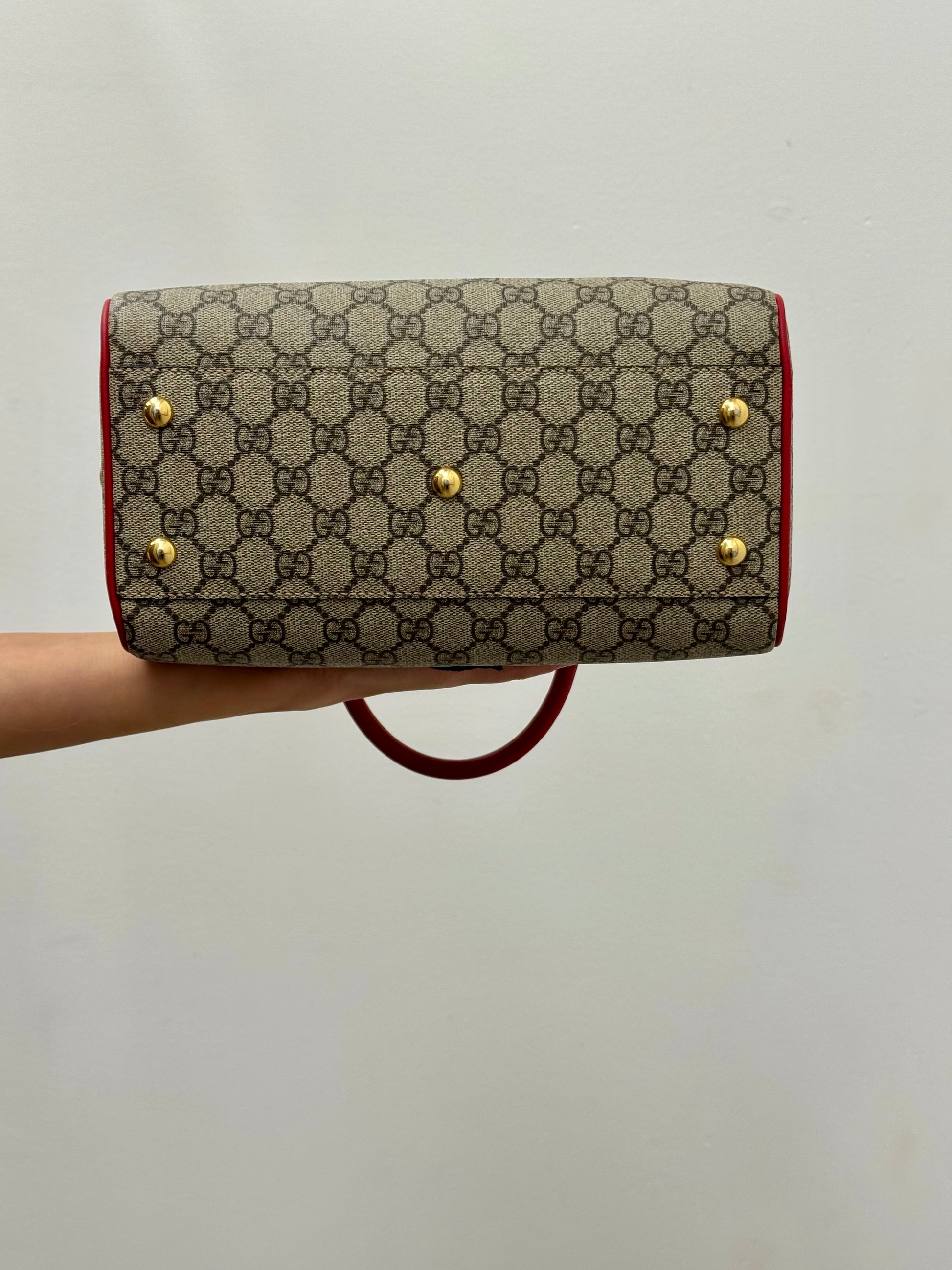 Gucci GG Supreme Kingsnake Heart Small Boston Bag with red leather trim