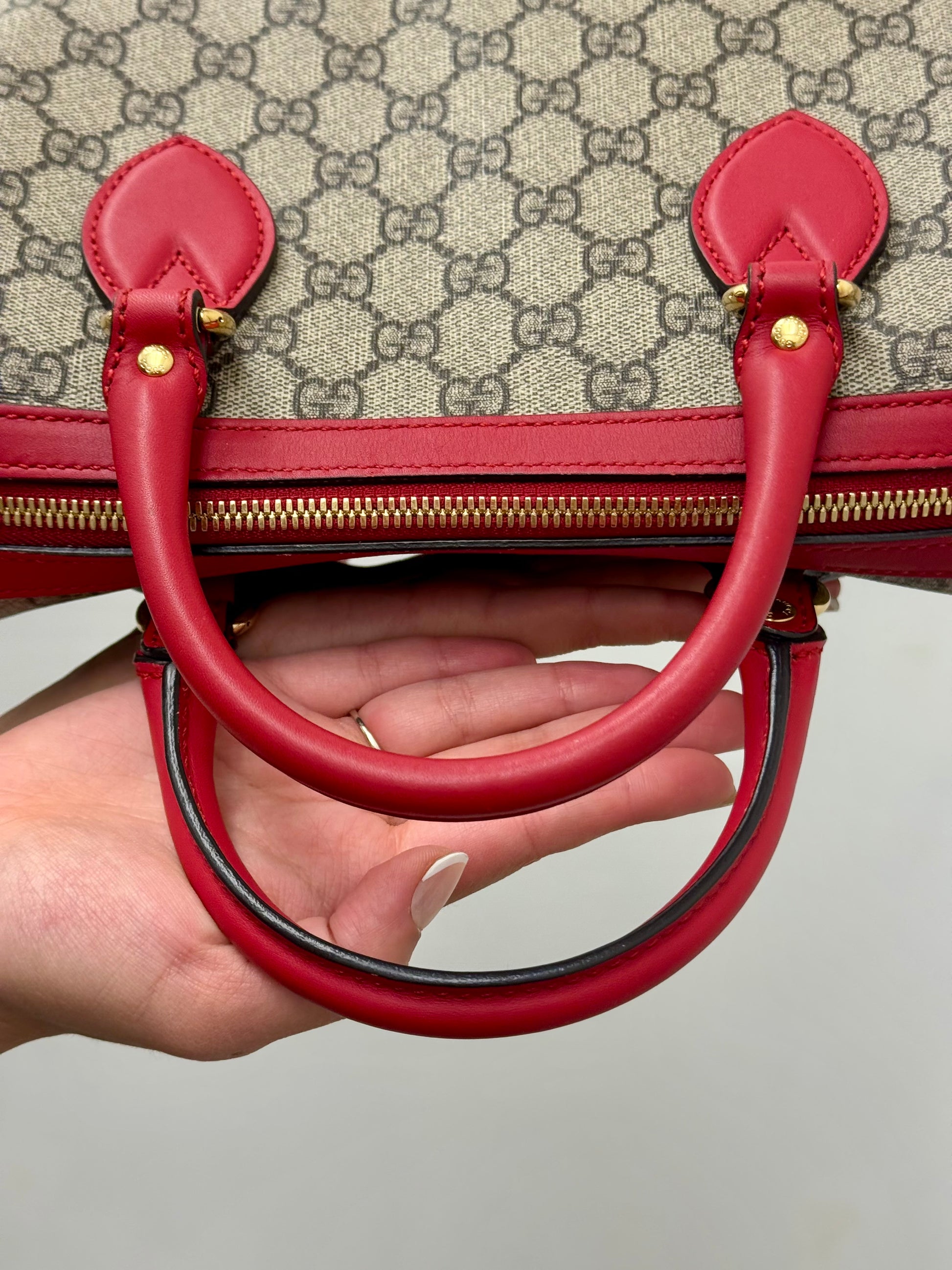 Gucci GG Supreme Kingsnake Heart Small Boston Bag with red leather trim