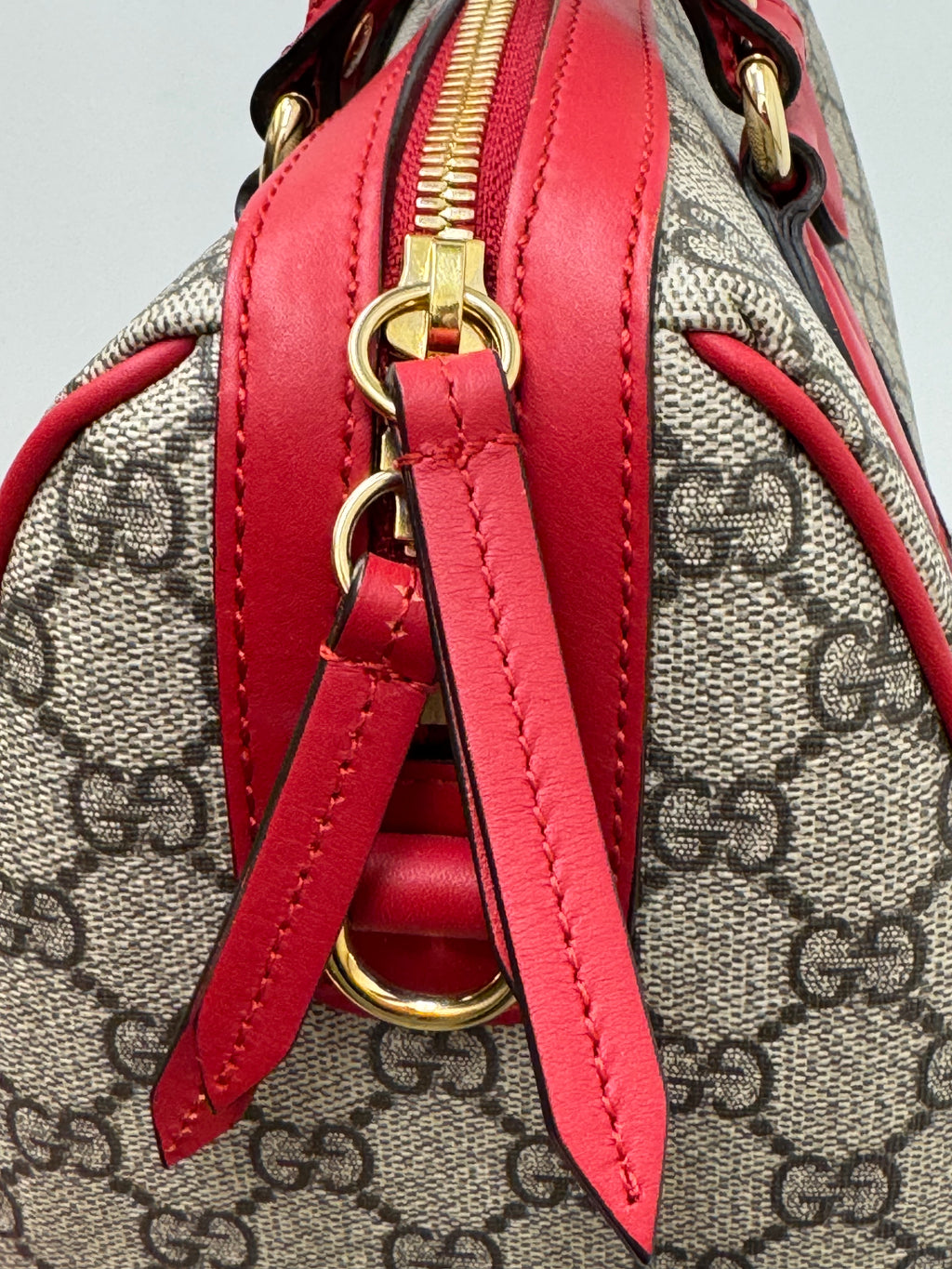 Gucci GG Supreme Kingsnake Heart Small Boston Bag with red leather trim