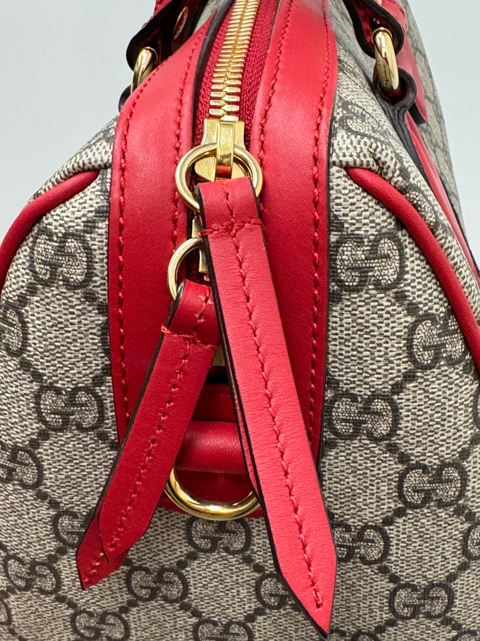 Gucci GG Supreme Kingsnake Heart Small Boston Bag with red leather trim