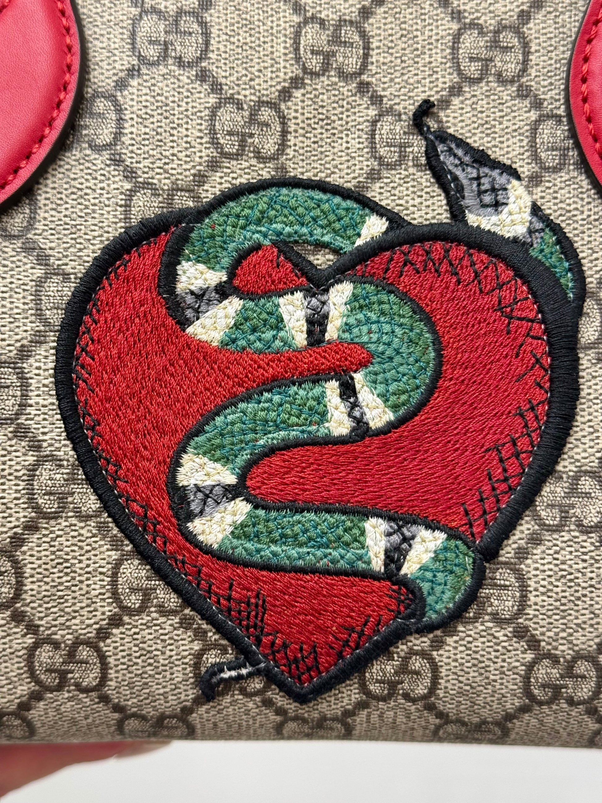 Gucci GG Supreme Kingsnake Heart Small Boston Bag with red leather trim