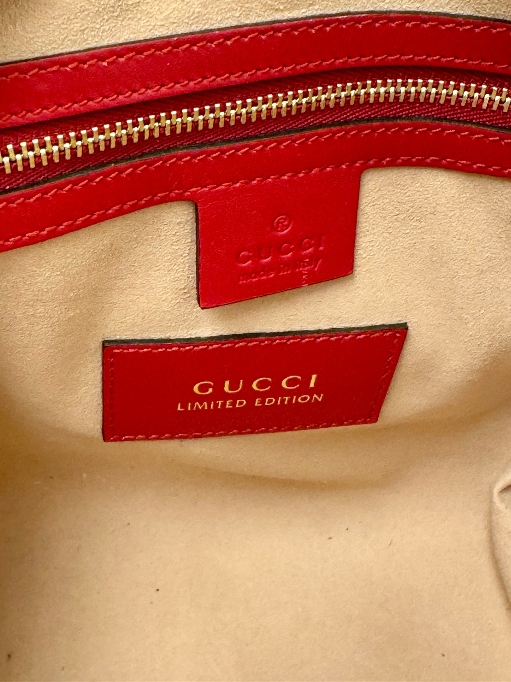 Gucci GG Supreme Kingsnake Heart Small Boston Bag with red leather trim