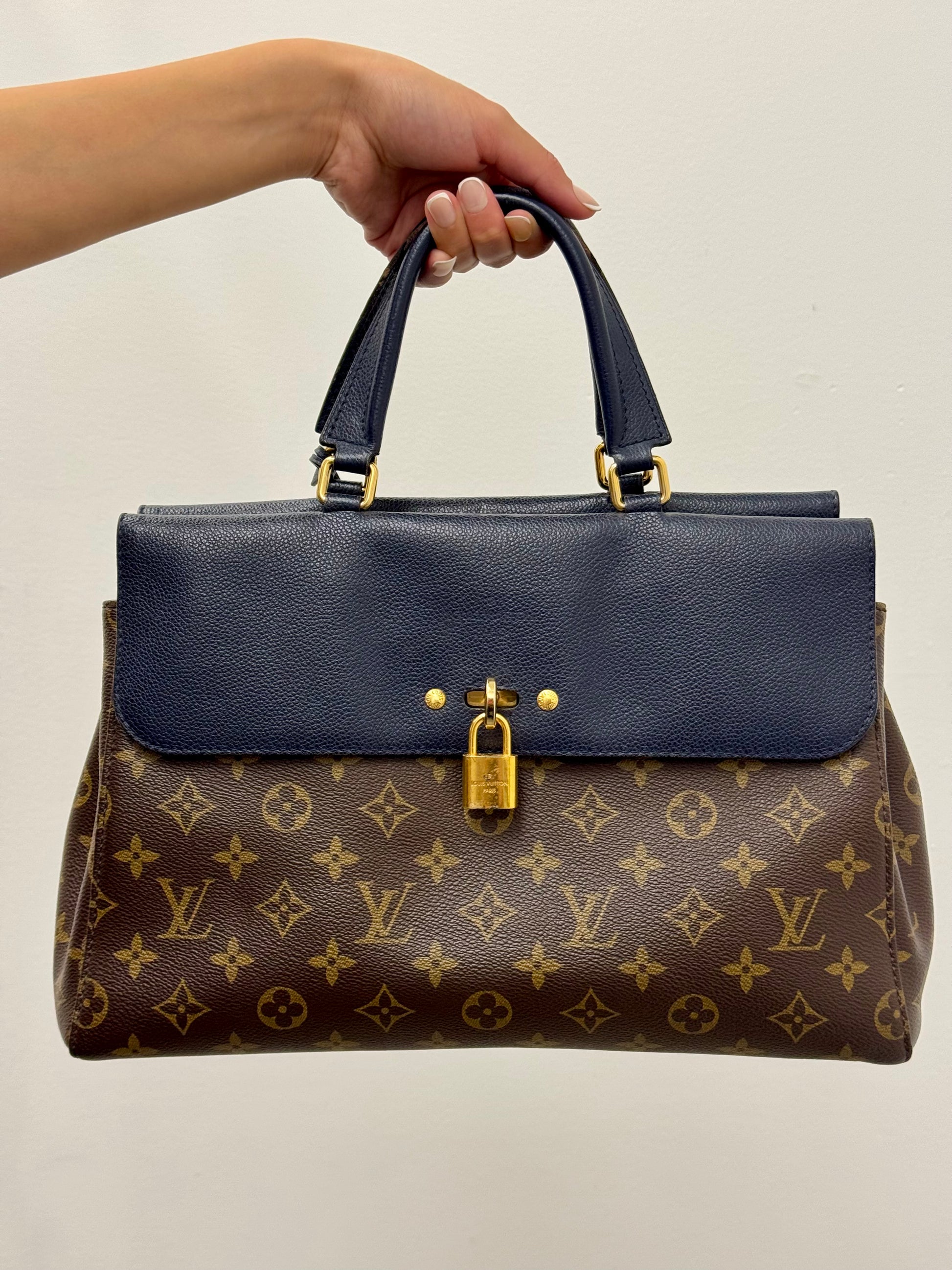 Louis Vuitton Monogram Canvas Top Handle Satchel with Navy Leather Flap and Padlock