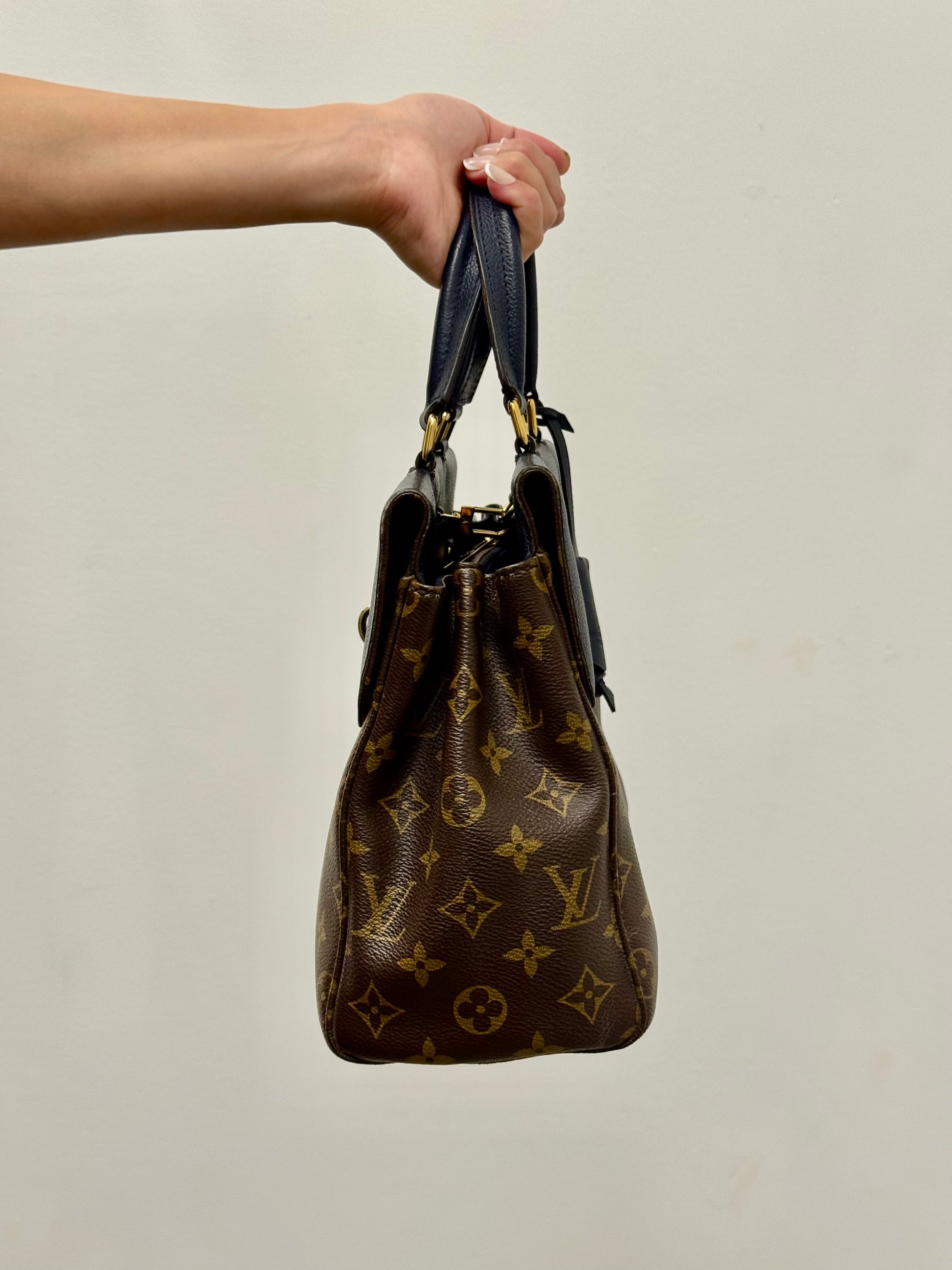 Louis Vuitton Monogram Canvas Top Handle Satchel with Navy Leather Flap and Padlock