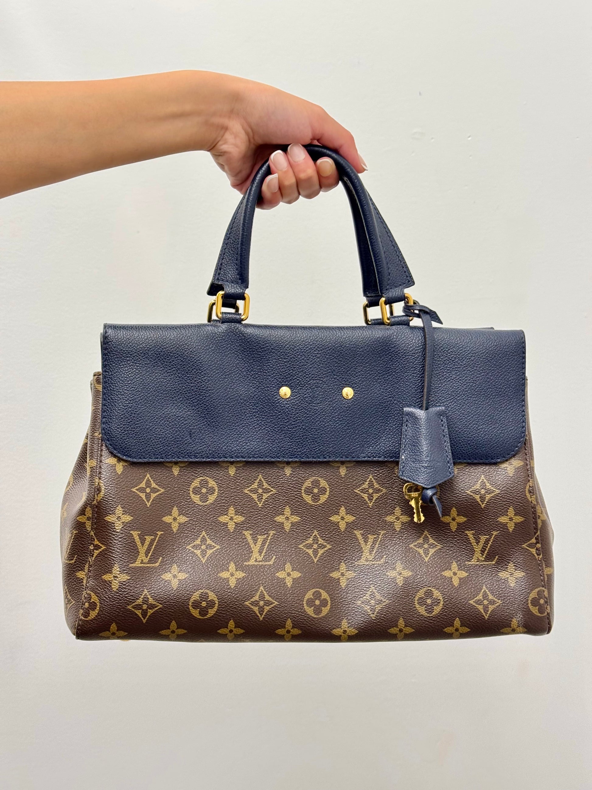 Louis Vuitton Monogram Canvas Top Handle Satchel with Navy Leather Flap and Padlock