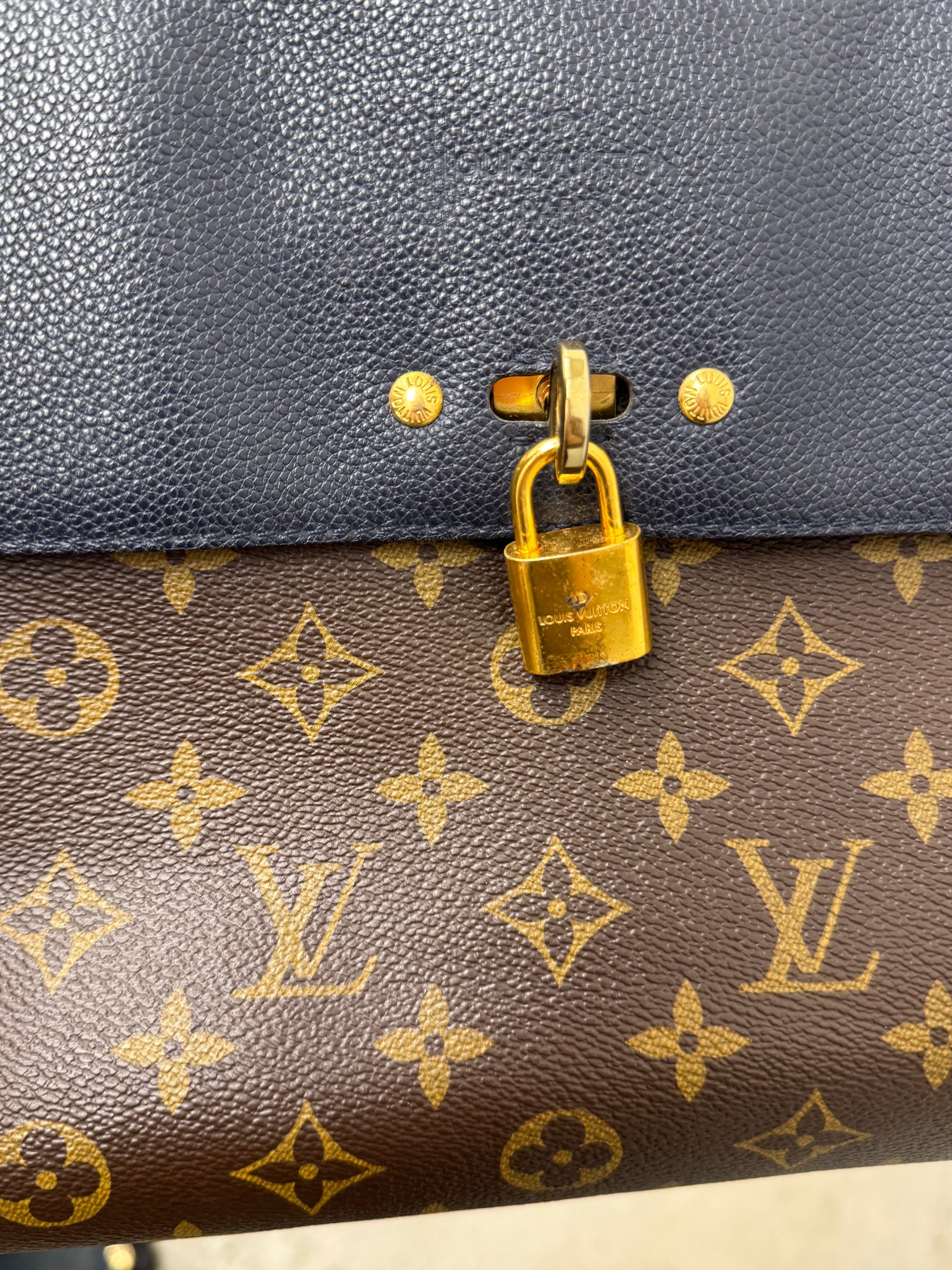 Louis Vuitton Monogram Canvas Top Handle Satchel with Navy Leather Flap and Padlock
