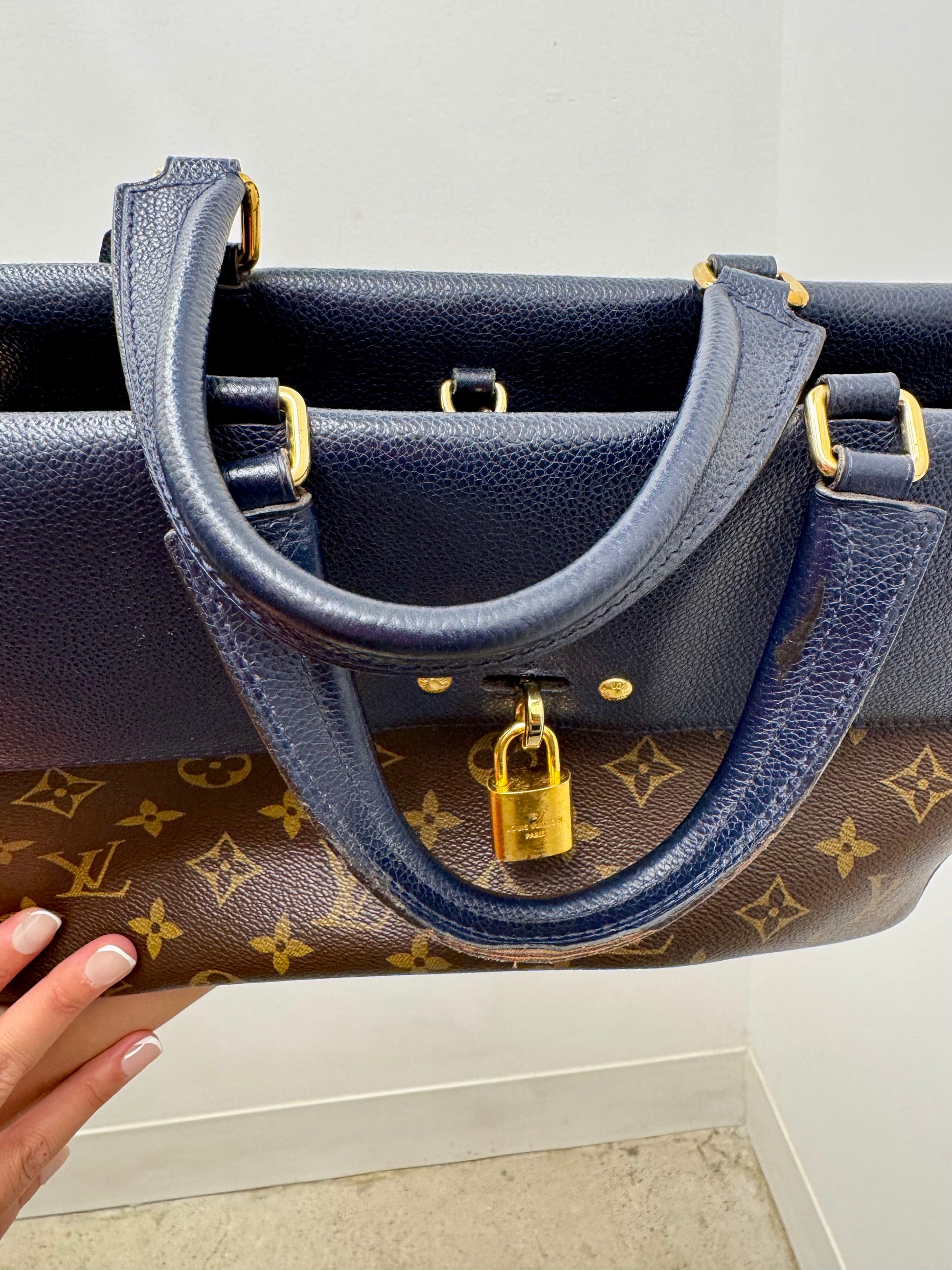 Louis Vuitton Monogram Canvas Top Handle Satchel with Navy Leather Flap and Padlock