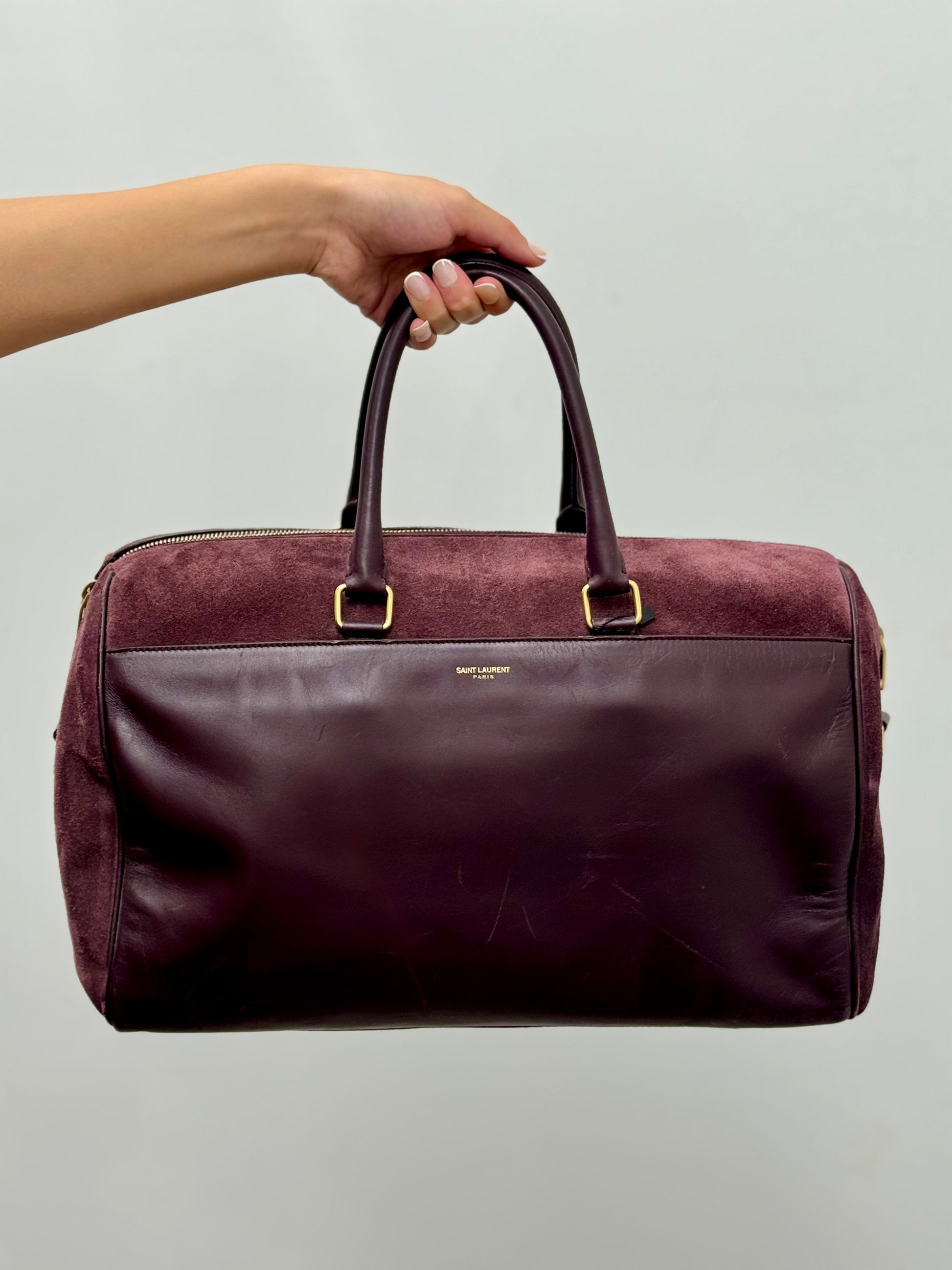 Yves Saint Laurent Classic Duffle 12 in Burgundy Suede and Leather with Strap