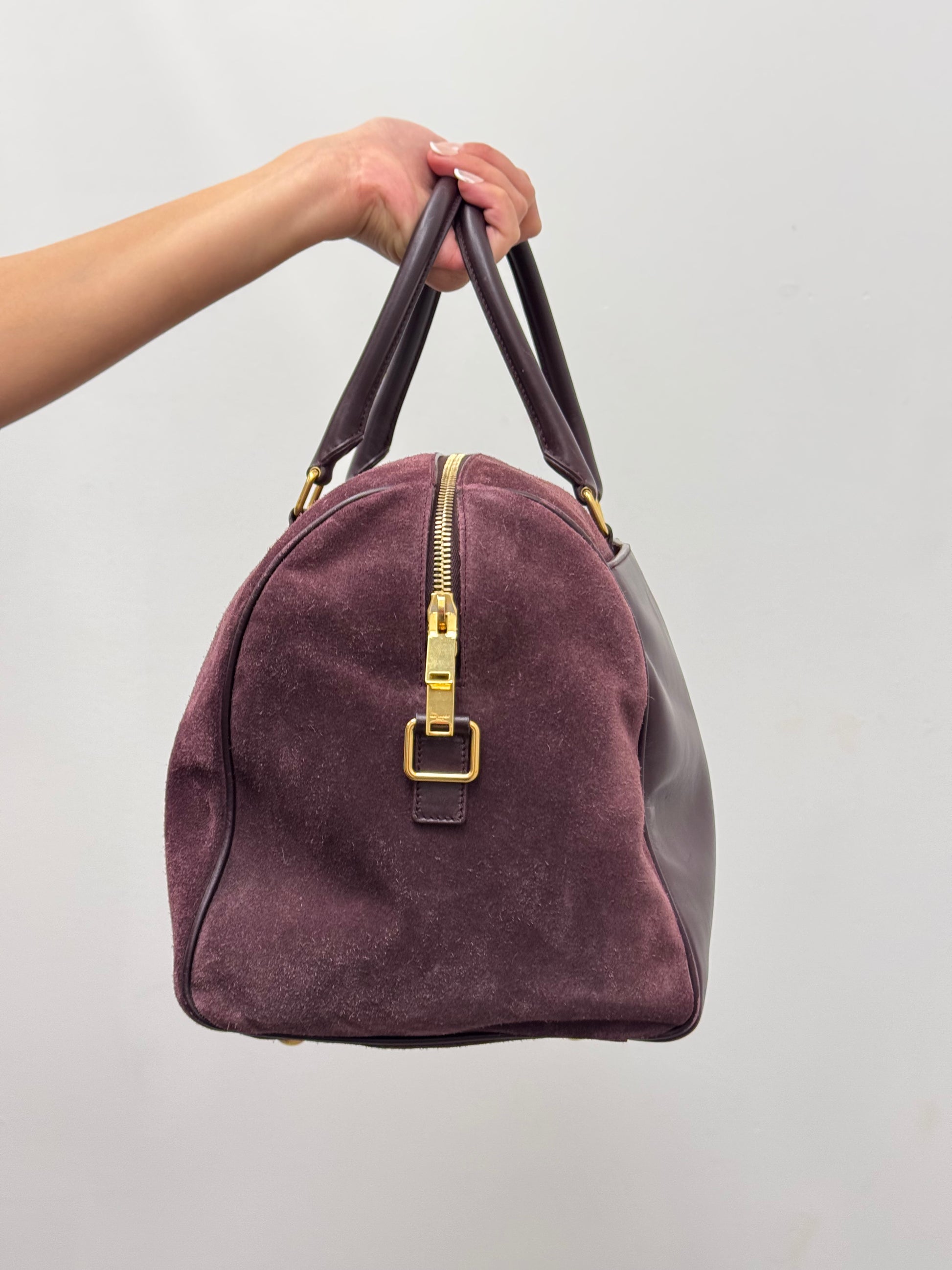 Yves Saint Laurent Classic Duffle 12 in Burgundy Suede and Leather with Strap