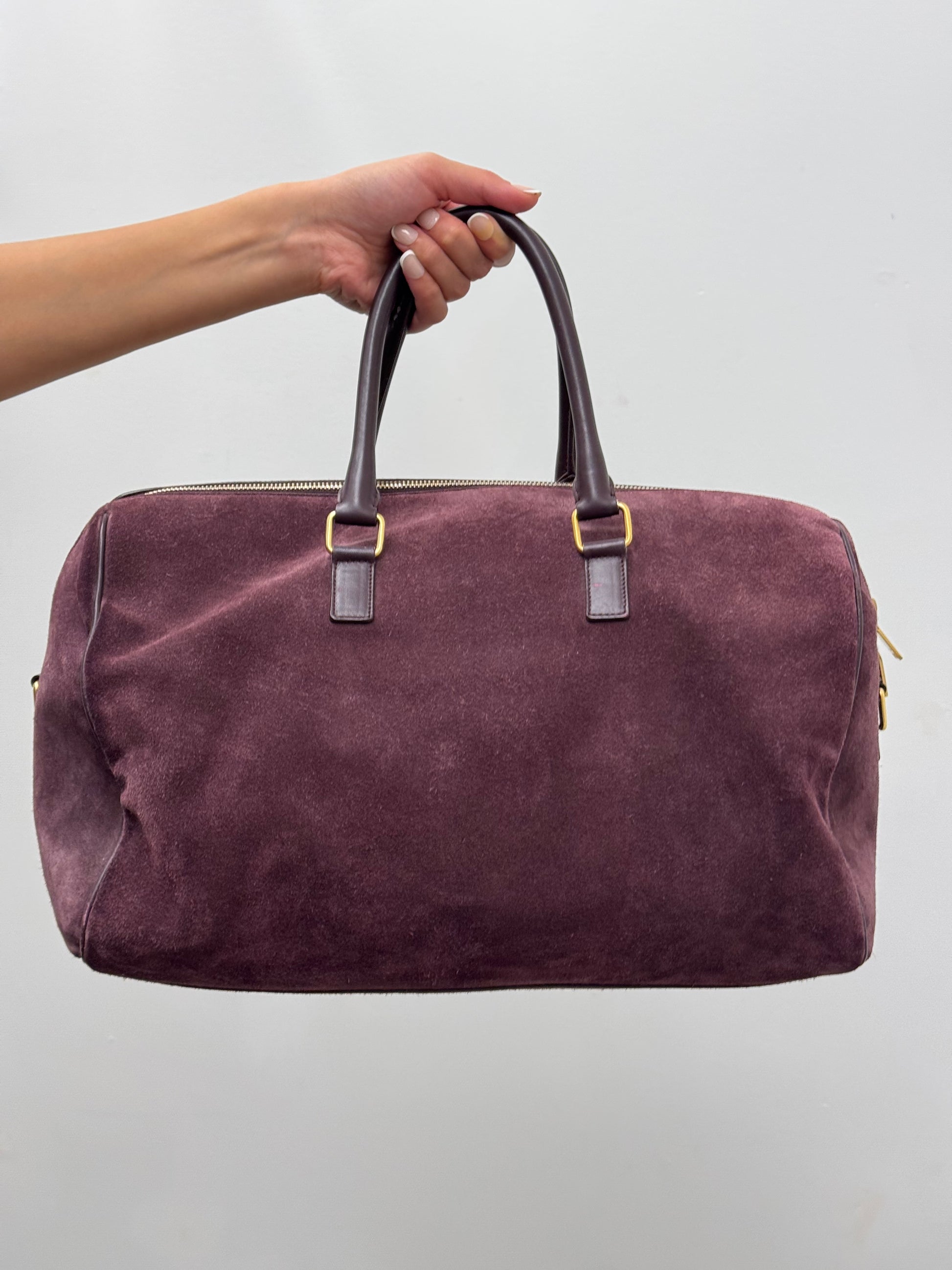 Yves Saint Laurent Classic Duffle 12 in Burgundy Suede and Leather with Strap