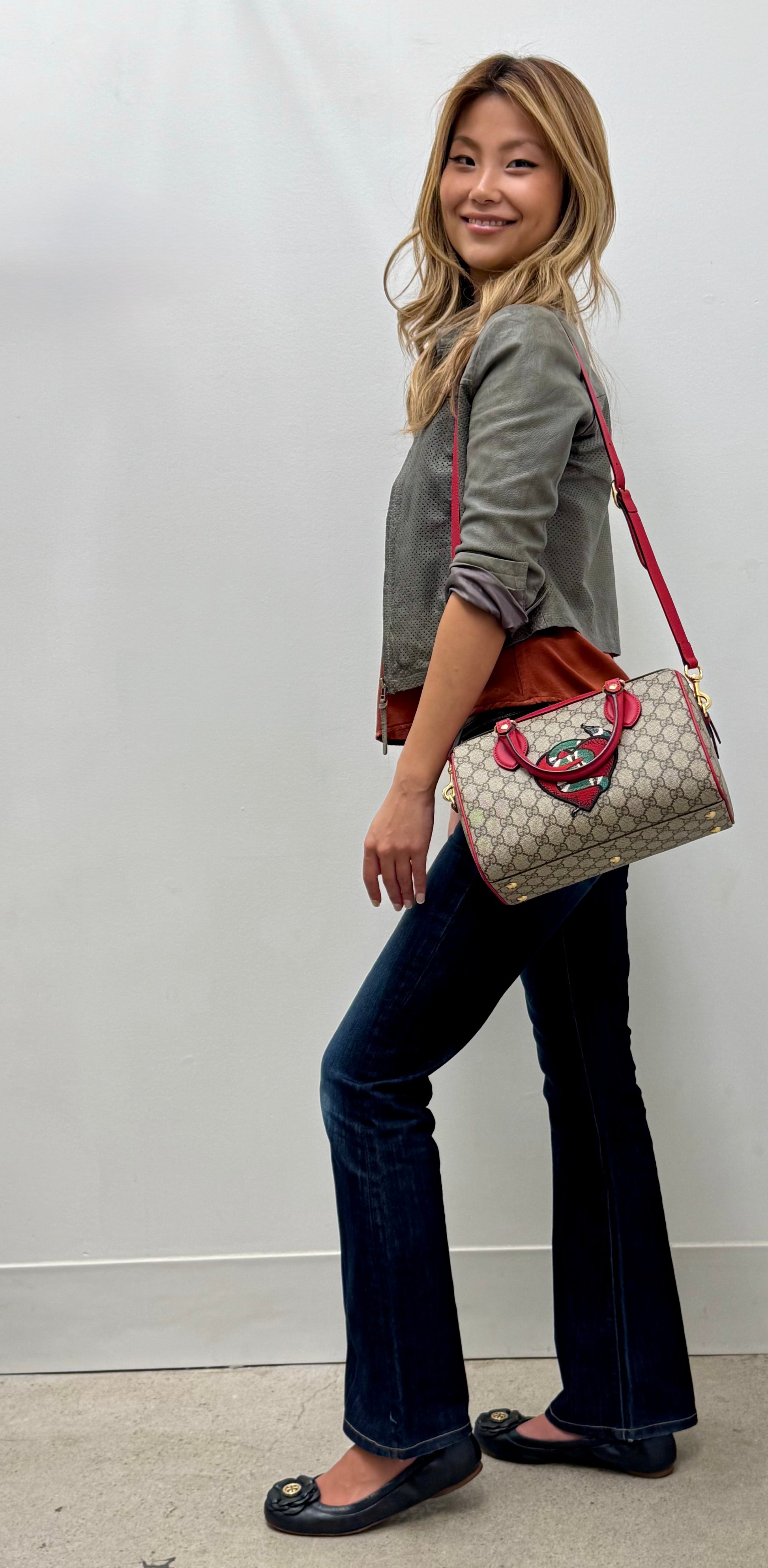 Gucci GG Supreme Kingsnake Heart Small Boston Bag with red leather trim