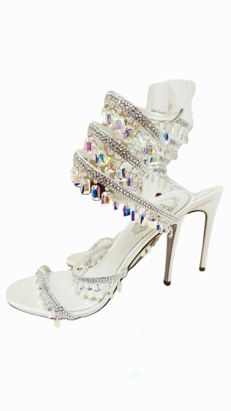 Rene Caovilla Chandelier Crystal satin Stiletto Sandals.