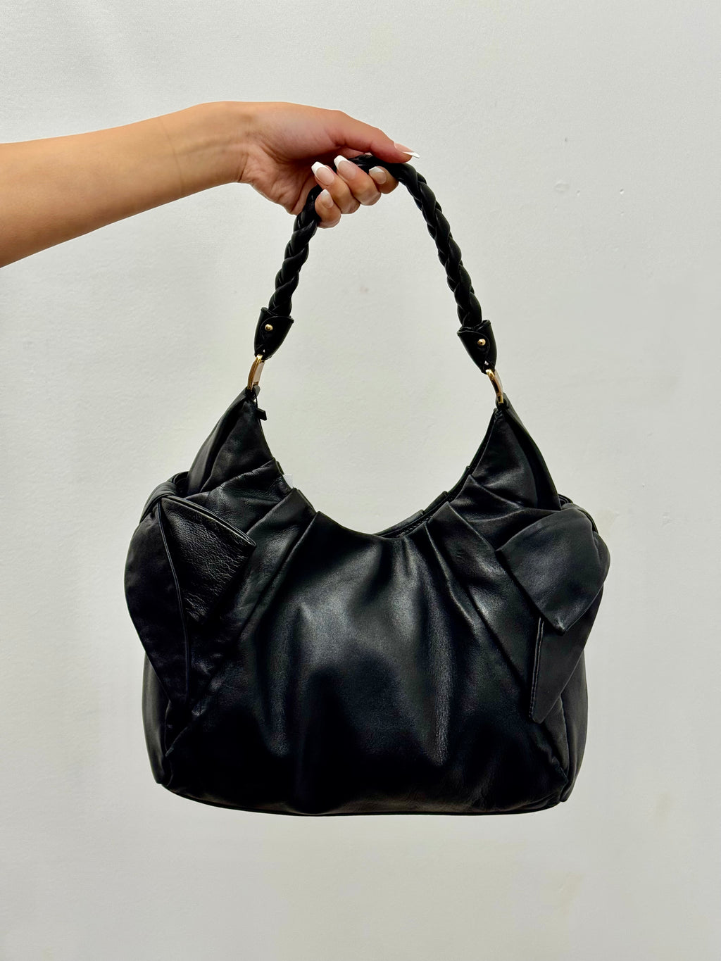 Salvatore Ferragamo Braided Top Handle Fold Bag in Black Leather