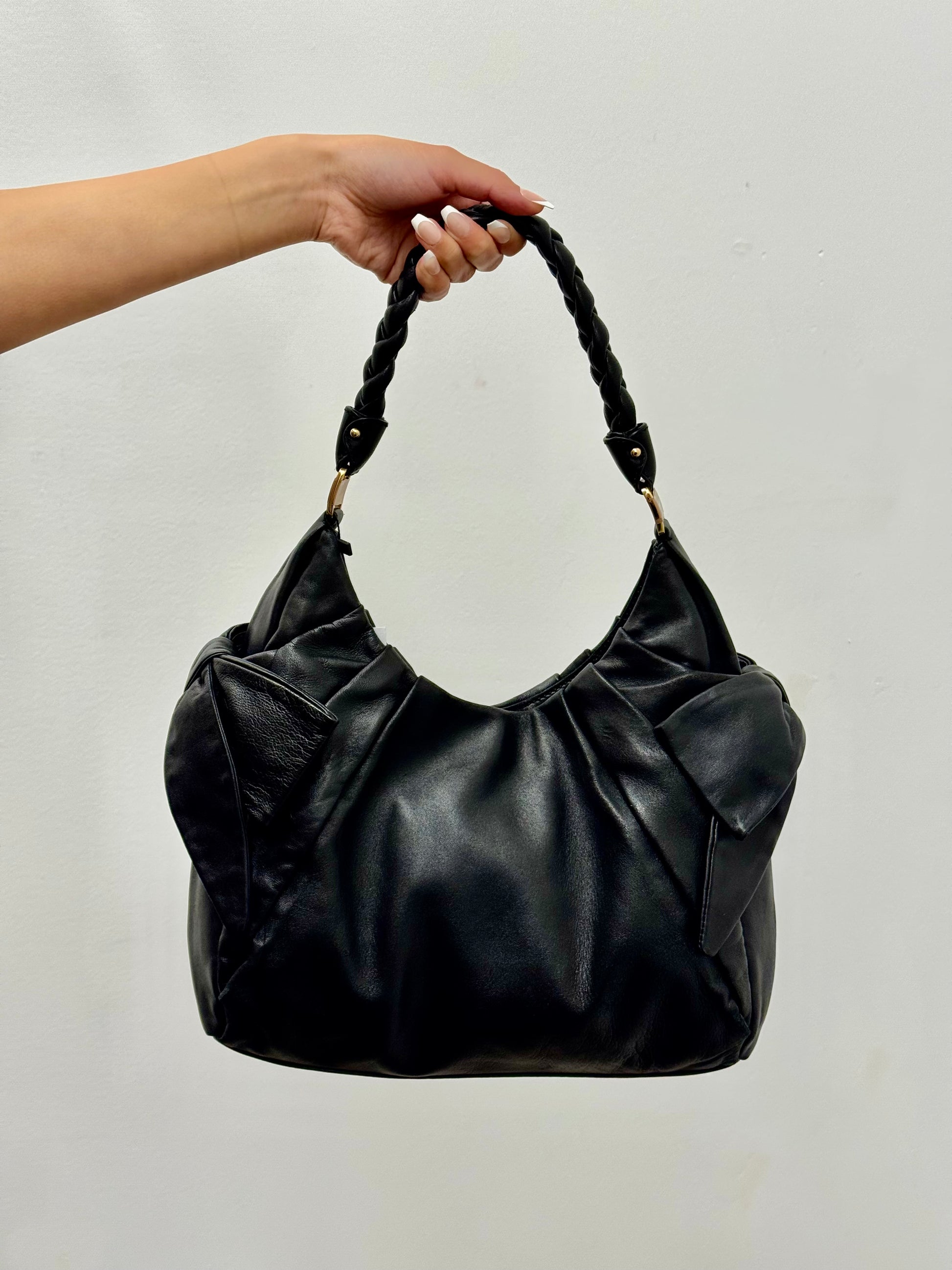 Salvatore Ferragamo Braided Top Handle Fold Bag in Black Leather