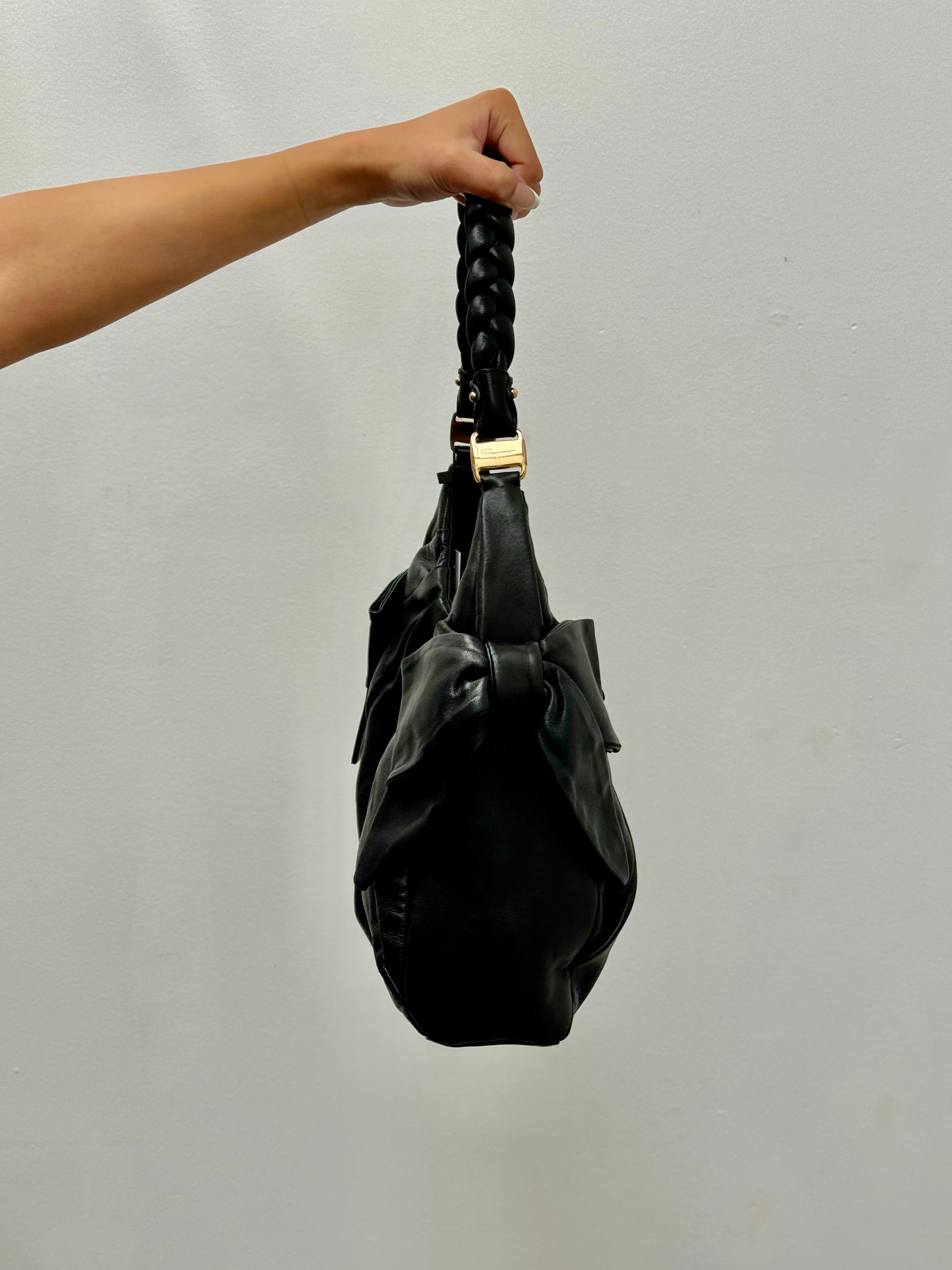 Salvatore Ferragamo Braided Top Handle Fold Bag in Black Leather