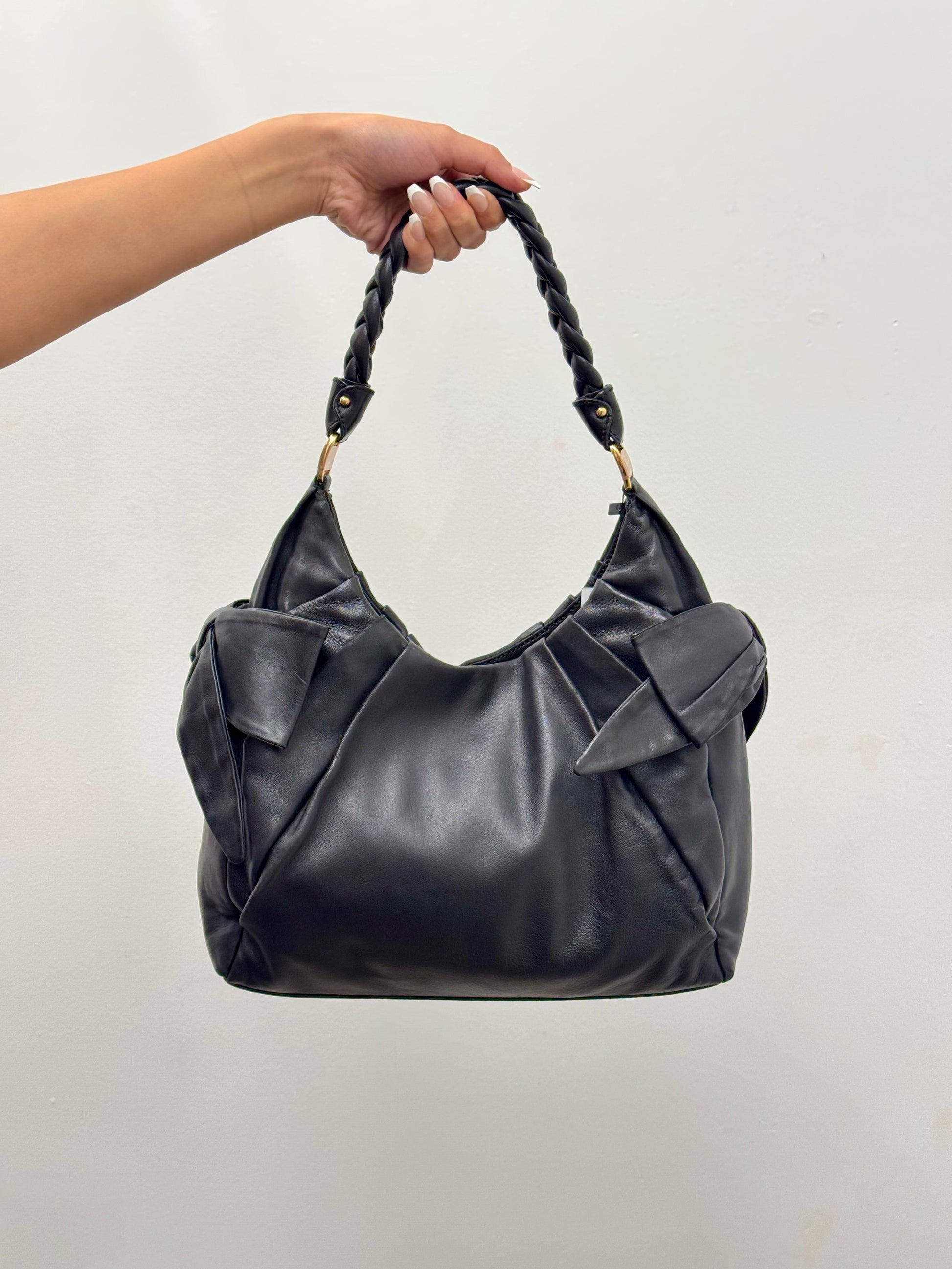 Salvatore Ferragamo Braided Top Handle Fold Bag in Black Leather