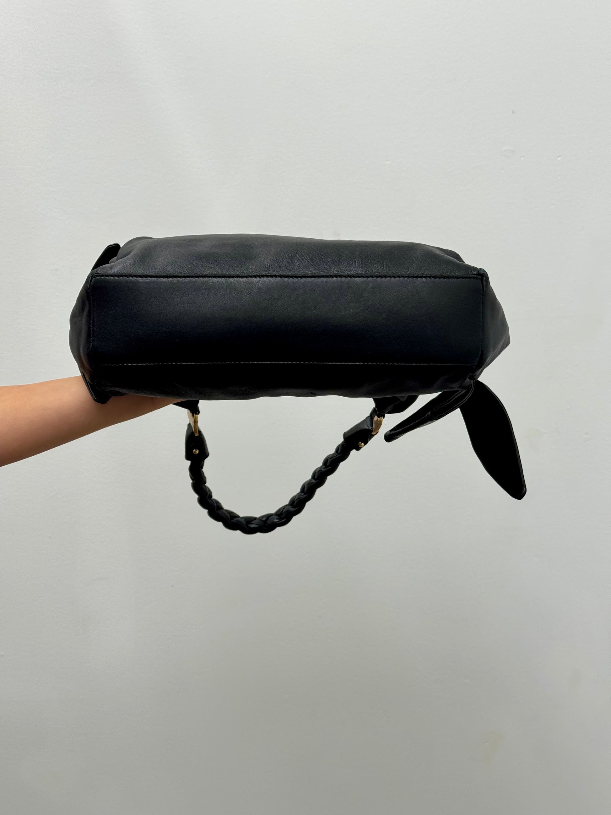 Salvatore Ferragamo Braided Top Handle Fold Bag in Black Leather