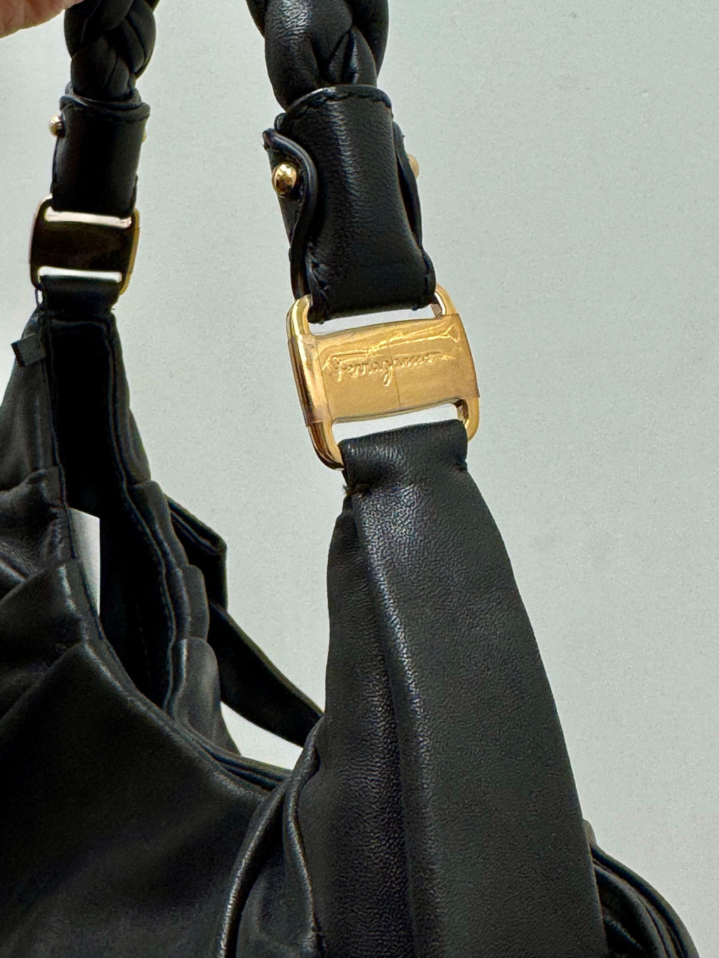 Salvatore Ferragamo Braided Top Handle Fold Bag in Black Leather