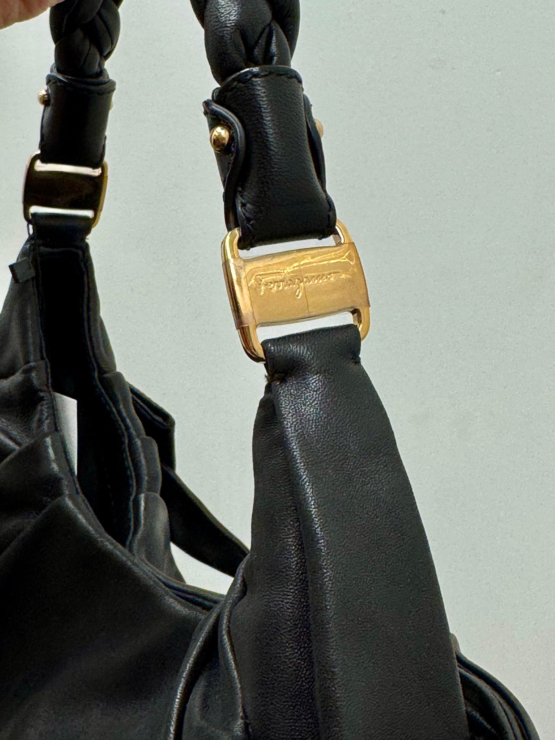 Salvatore Ferragamo Braided Top Handle Fold Bag in Black Leather