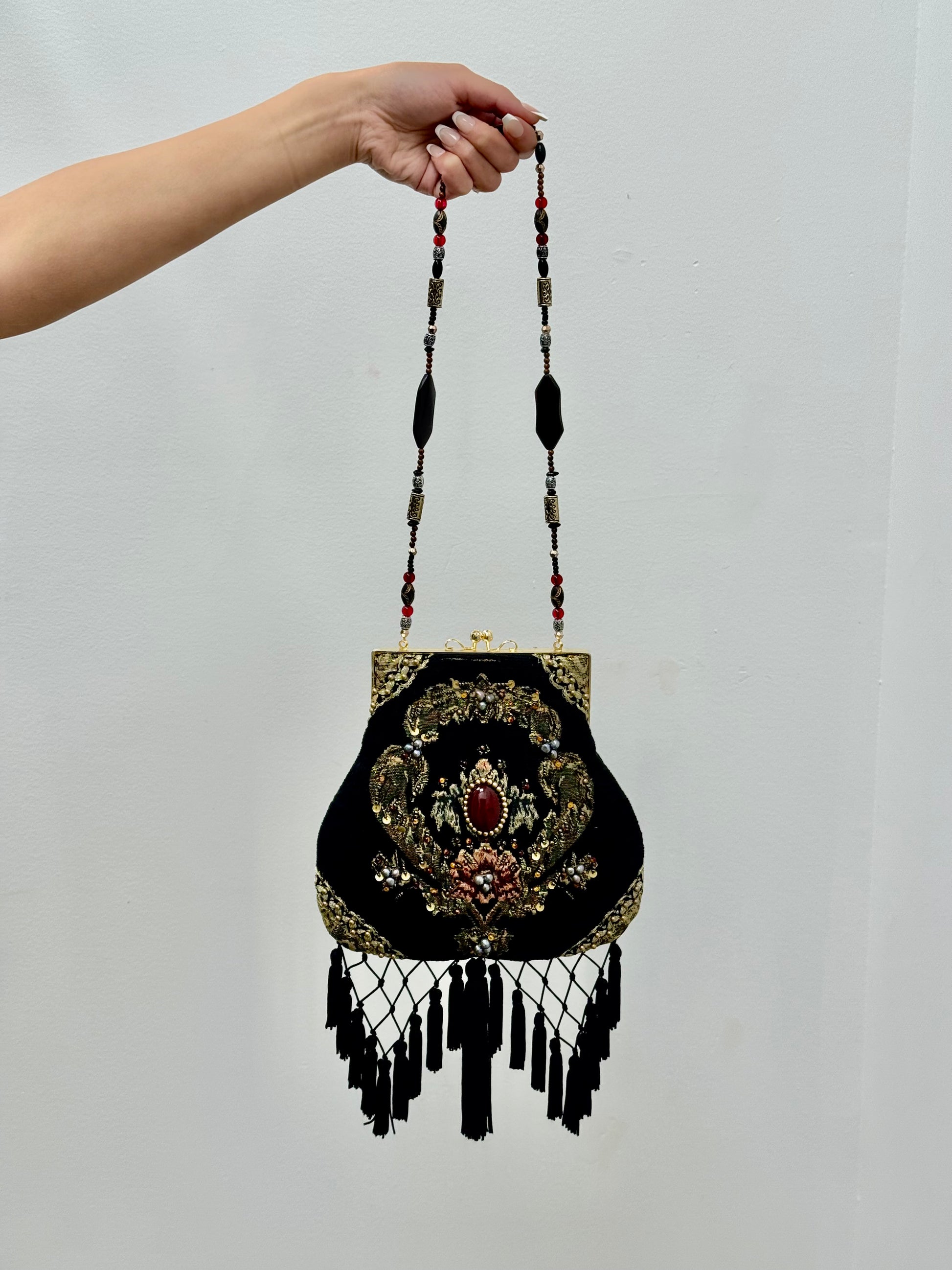Mary Frances Black Velvet Beaded Purse ABG Boho Fringe Victorian