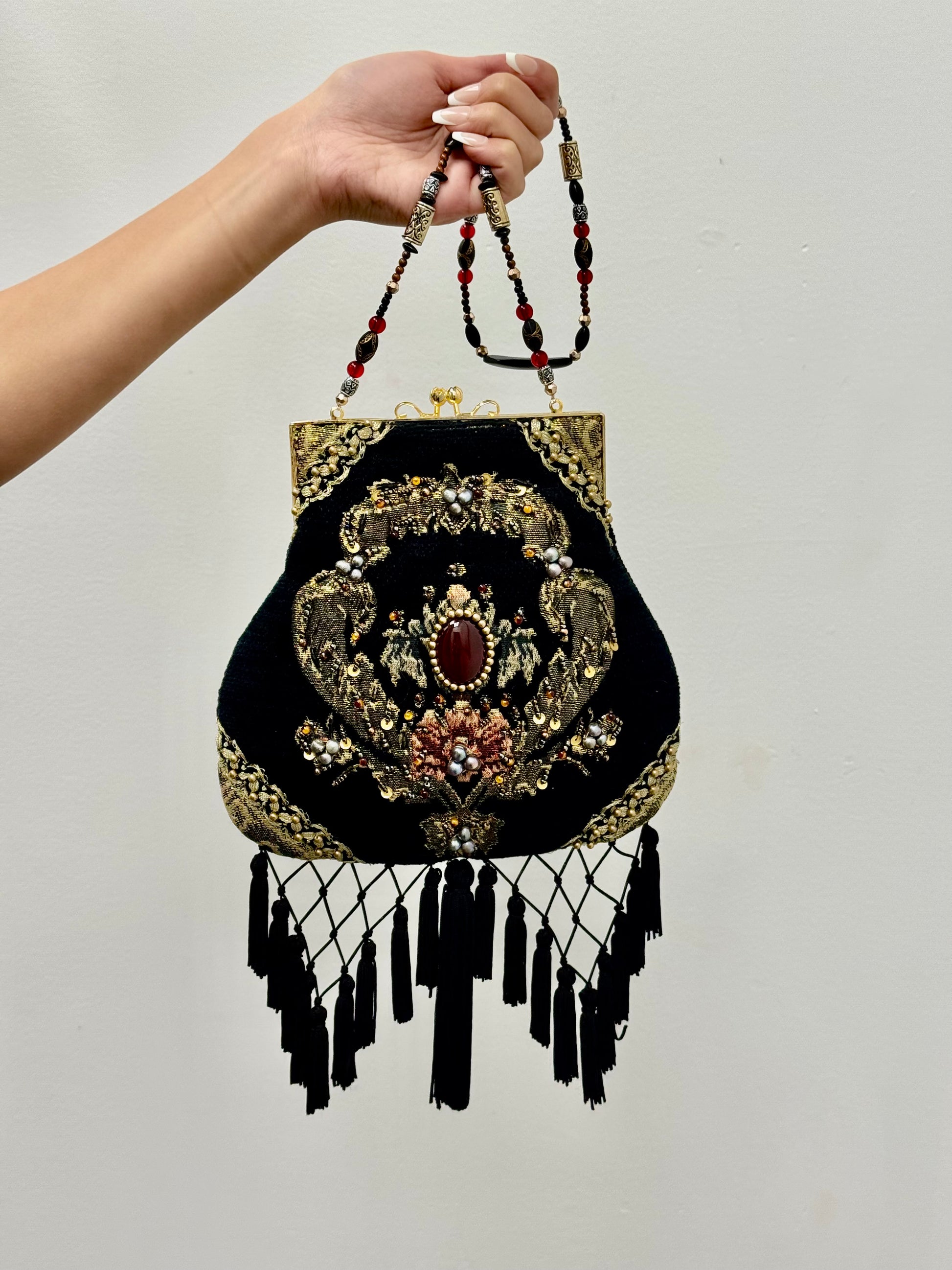 Mary Frances Black Velvet Beaded Purse ABG Boho Fringe Victorian