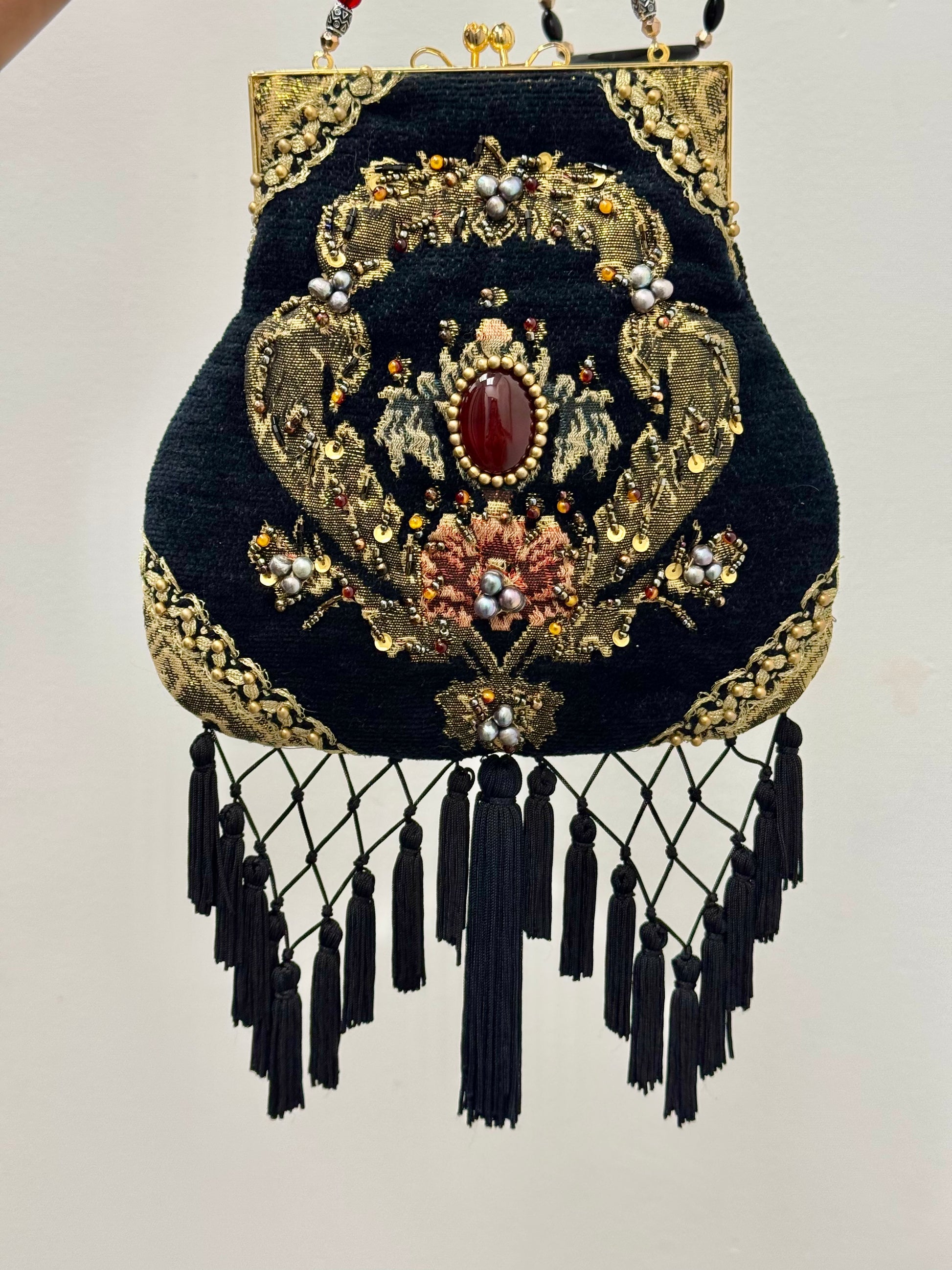 Mary Frances Black Velvet Beaded Purse ABG Boho Fringe Victorian