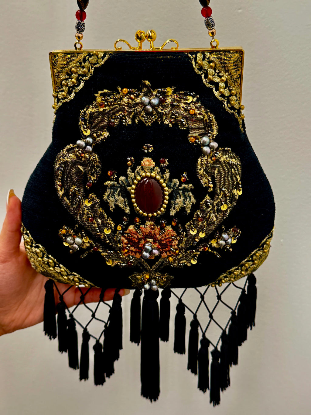 Mary Frances Black Velvet Beaded Purse ABG Boho Fringe Victorian