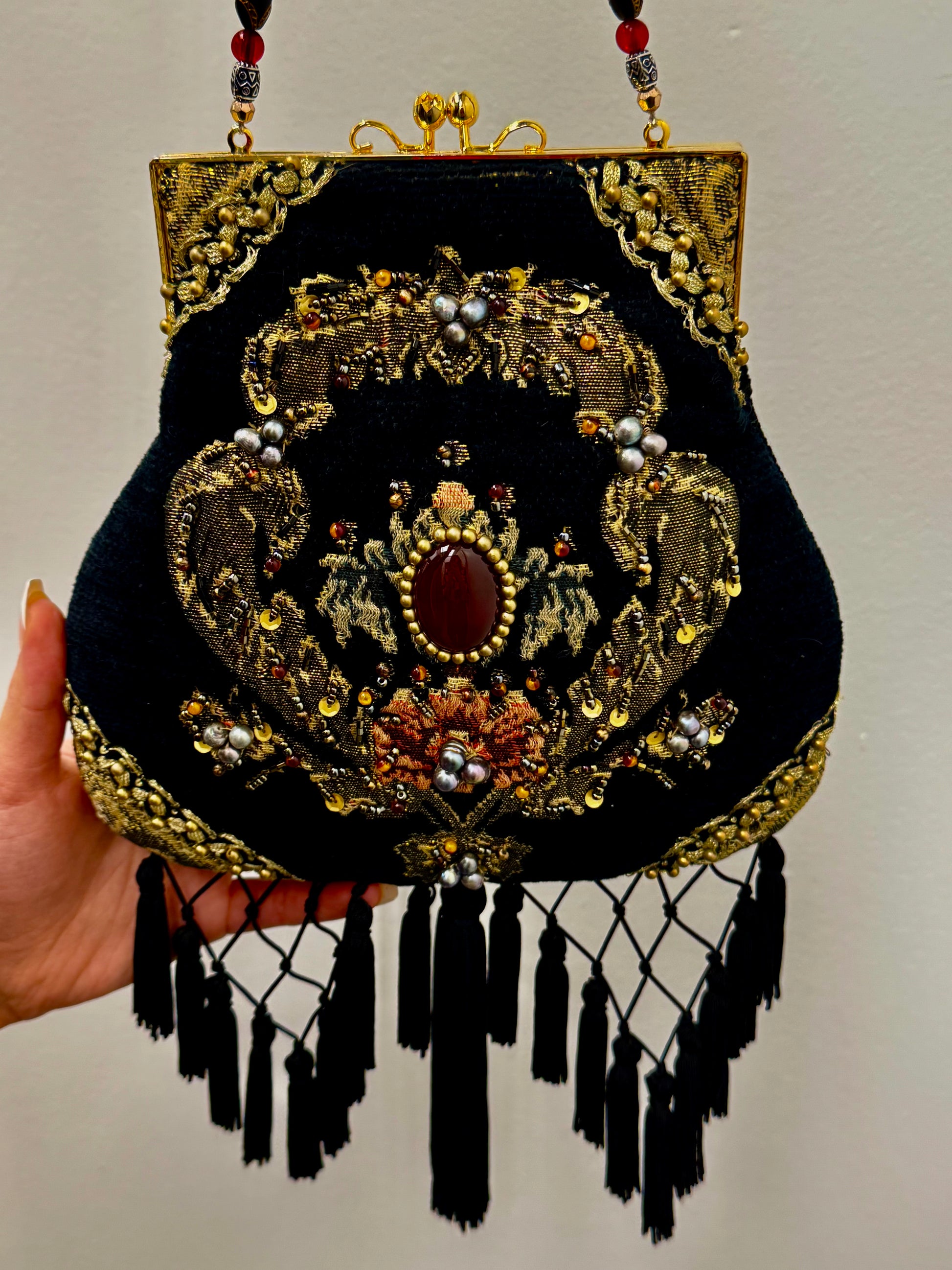 Mary Frances Black Velvet Beaded Purse ABG Boho Fringe Victorian