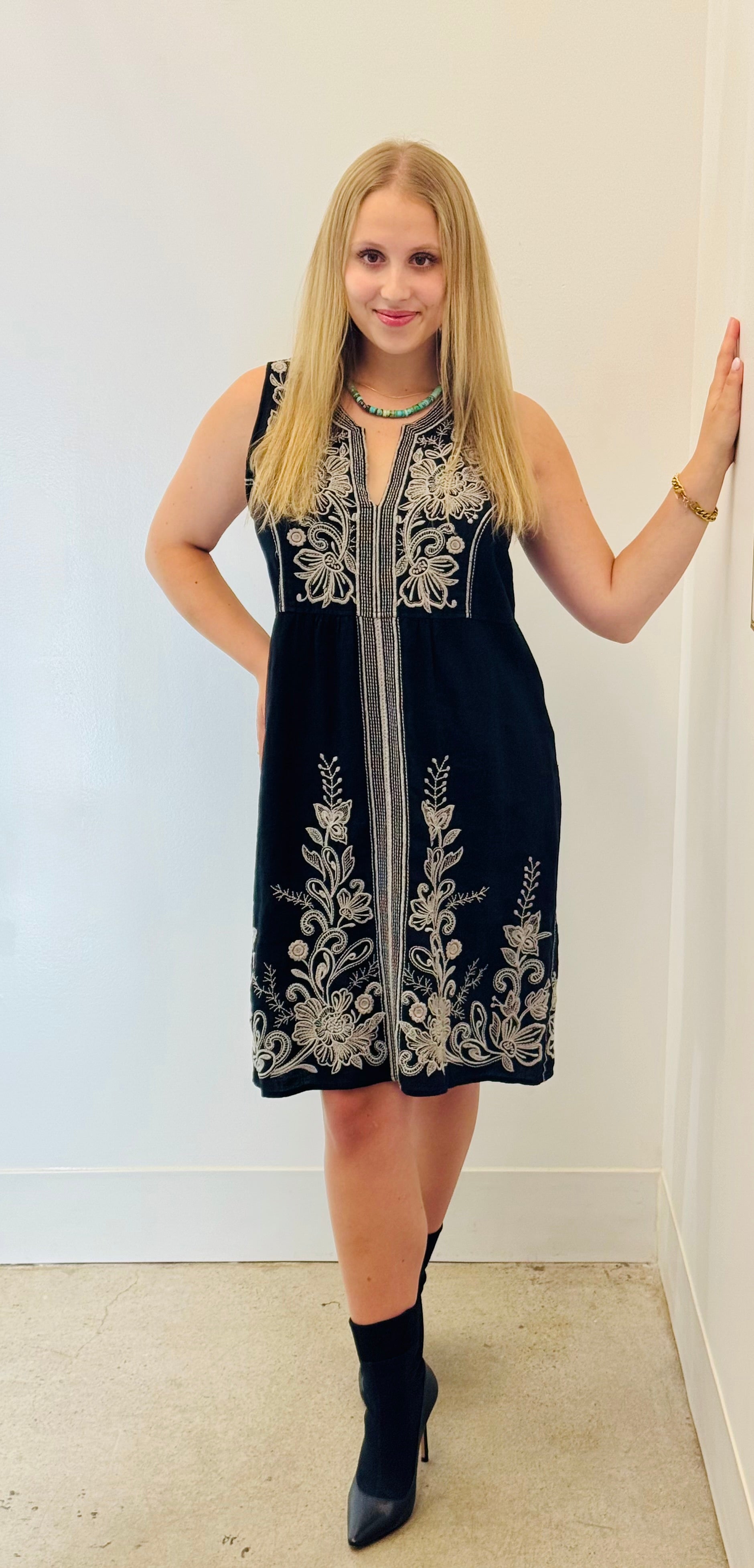 Johnny Was Black Embroidered Linen Tank Dress