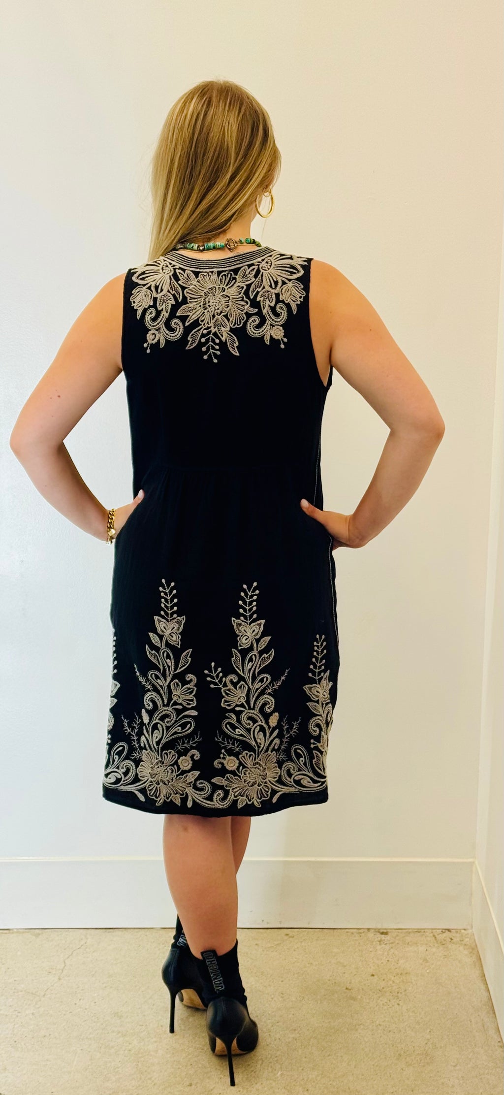 Johnny Was Black Embroidered Linen Tank Dress