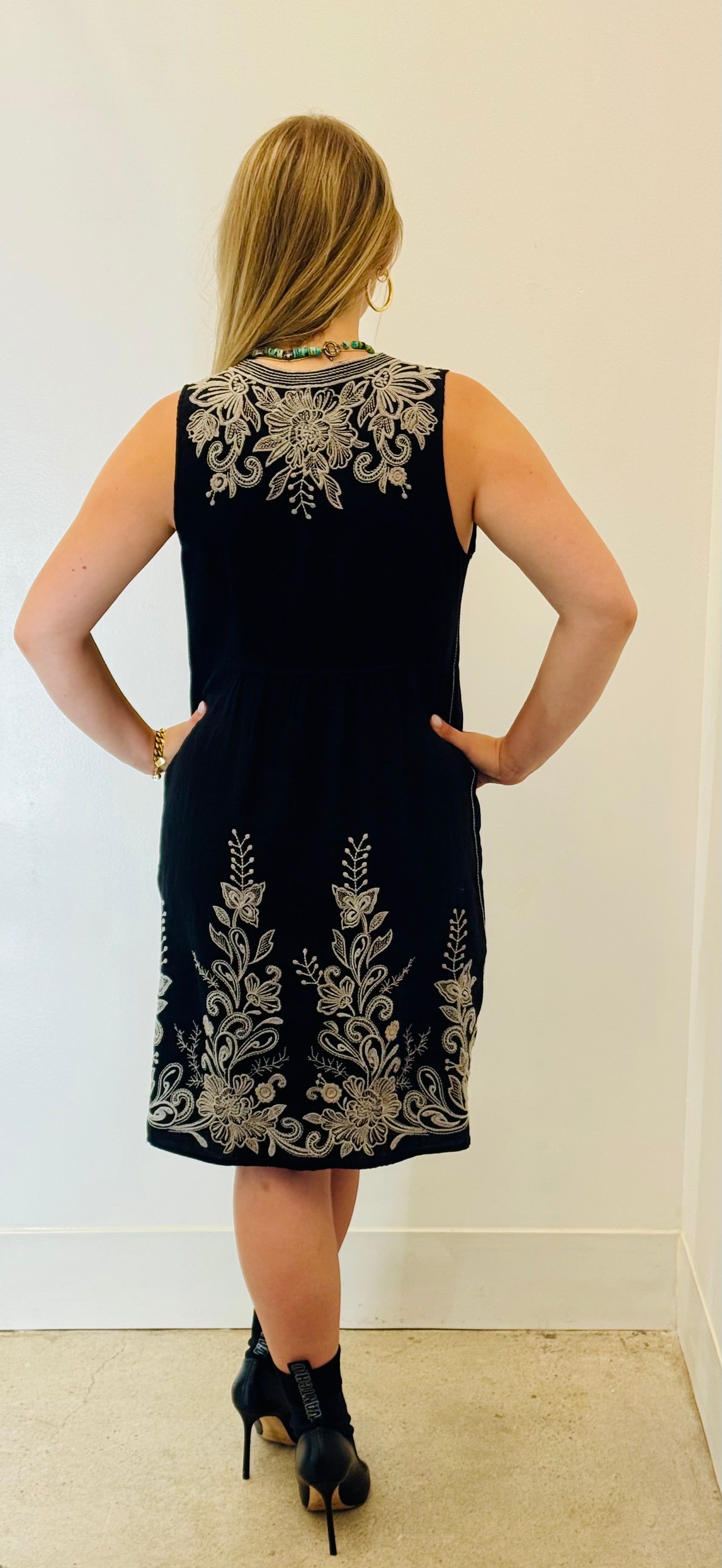 Johnny Was Black Embroidered Linen Tank Dress