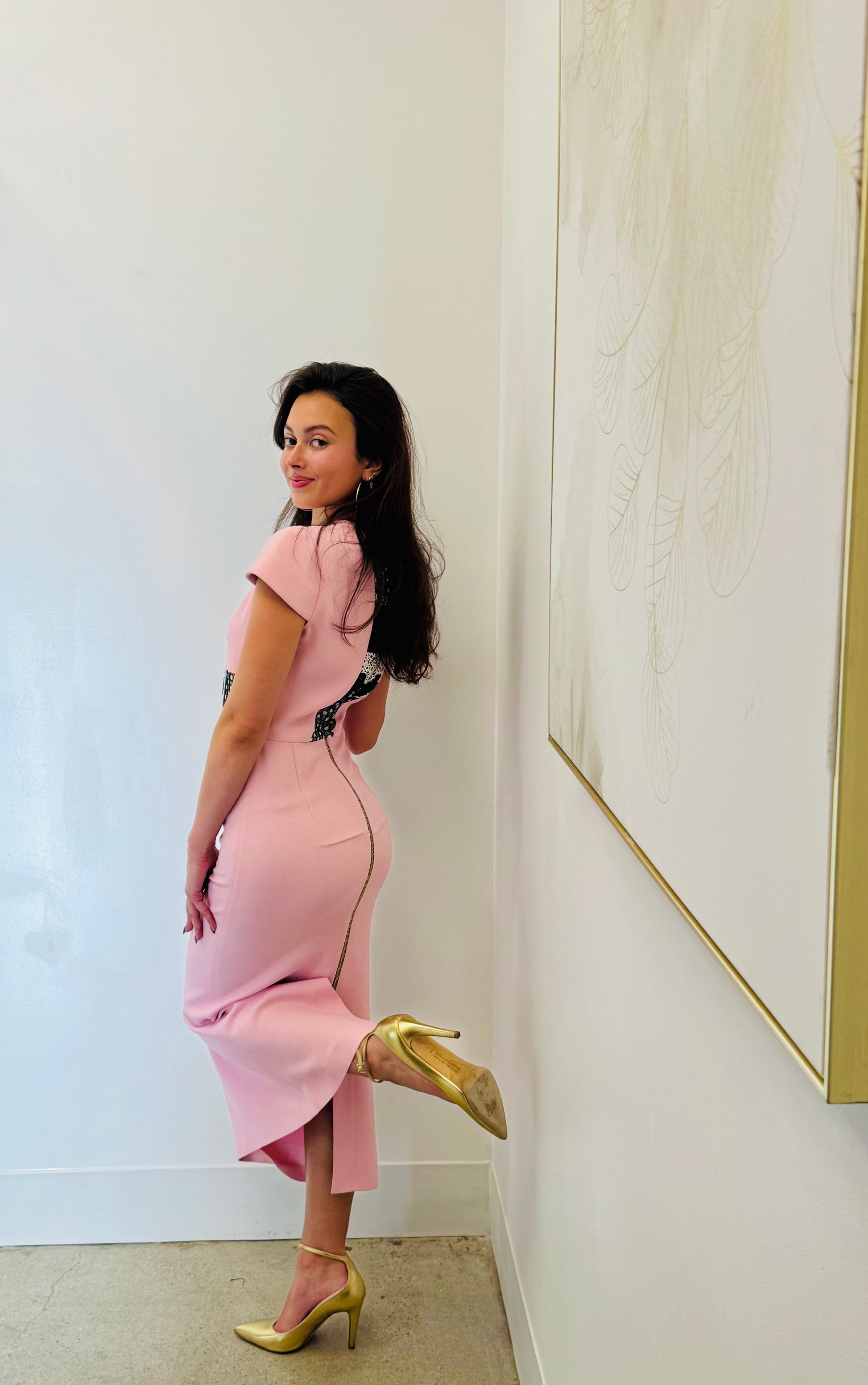Self Portrait Pink Spiral Lace Panel Midi Dress