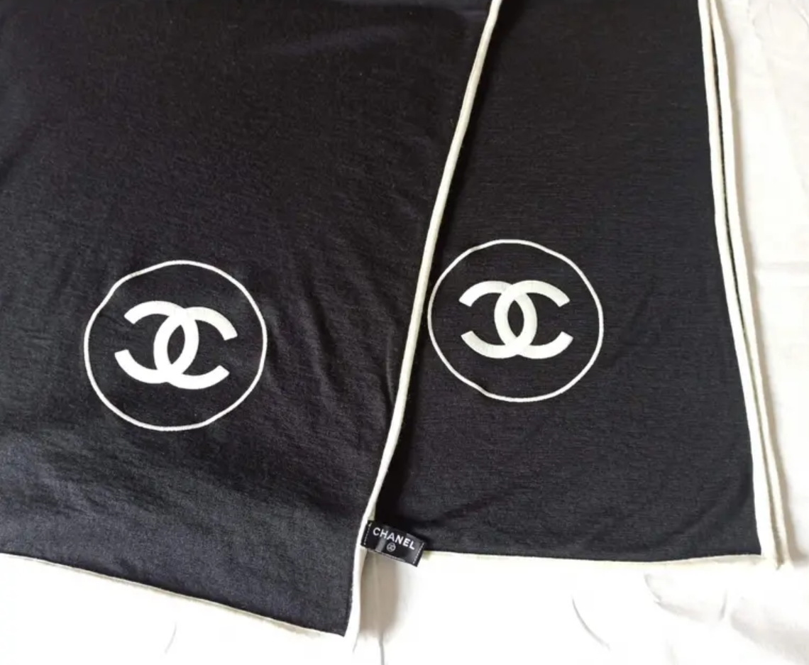 Chanel Black and White Cashmere CC Logo Scarf