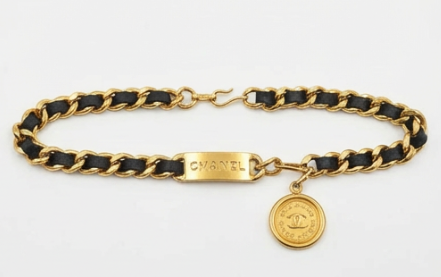 Vintage Chanel 31 Rue Cambon Gold-Plated Chain & Leather Nameplate Belt
