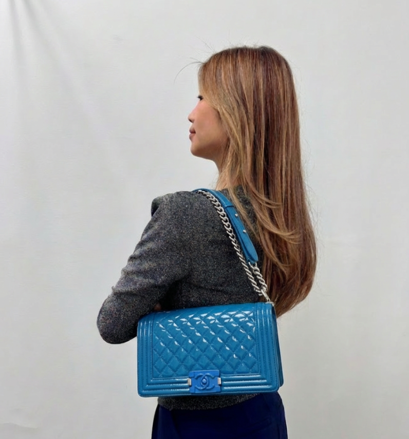 Chanel Blue Patent Leather Medium Boy Bag with Plexiglass Clasp