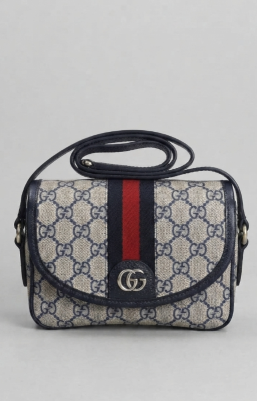 Gucci Ophidia GG Mini Flap Shoulder Bag in Beige & Blue GG Supreme Canvas, Silver Hardware