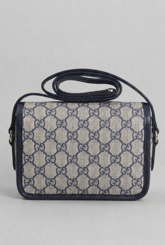 Gucci Ophidia GG Mini Flap Shoulder Bag in Beige & Blue GG Supreme Canvas, Silver Hardware