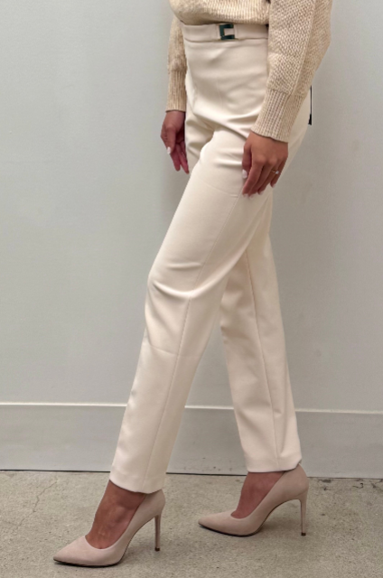 Elisabetta Franchi Cream Crepe Trousers with Logo Buckle
