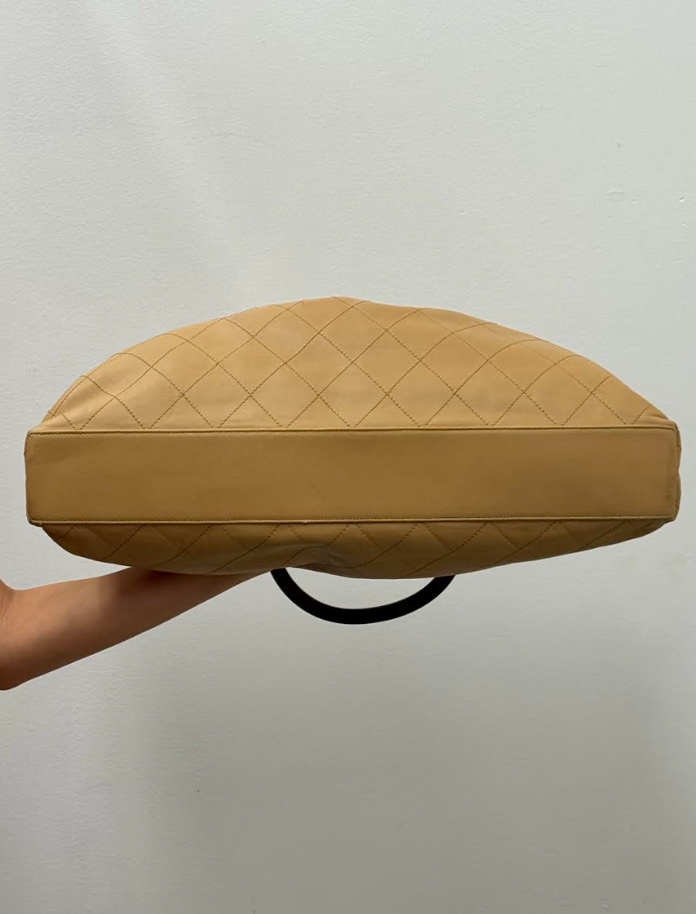 Chanel Vintage Beige Quilted Leather Tote with Wood Handles