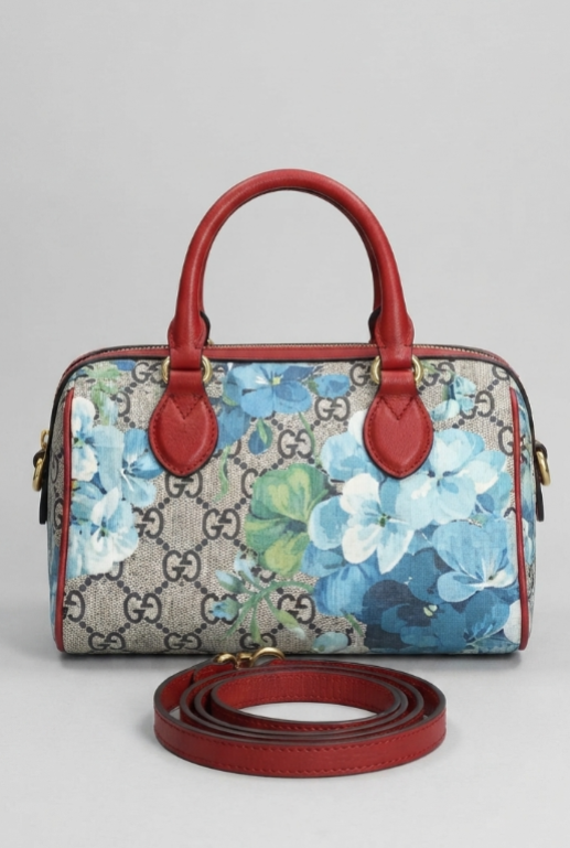 Gucci GG Supreme Blooms Mini Boston Bag in Blue with Hibiscus Red Leather Trim