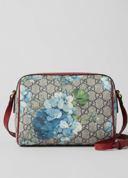 Gucci GG Supreme Blooms Mini Boston Bag in Blue with Hibiscus Red Leather Trim