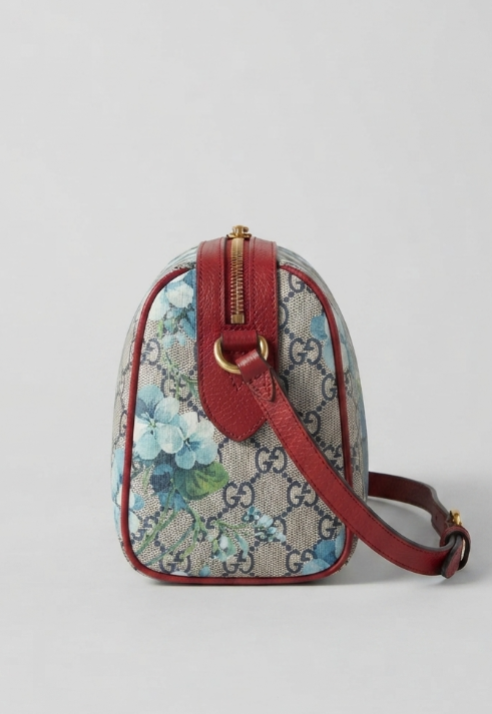 Gucci GG Supreme Blooms Mini Boston Bag in Blue with Hibiscus Red Leather Trim
