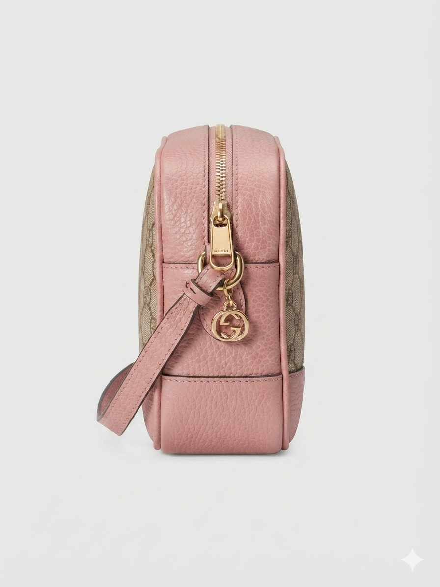 Gucci Bree Mini Messenger Crossbody in Beige GG Canvas & Soft Pink Leather